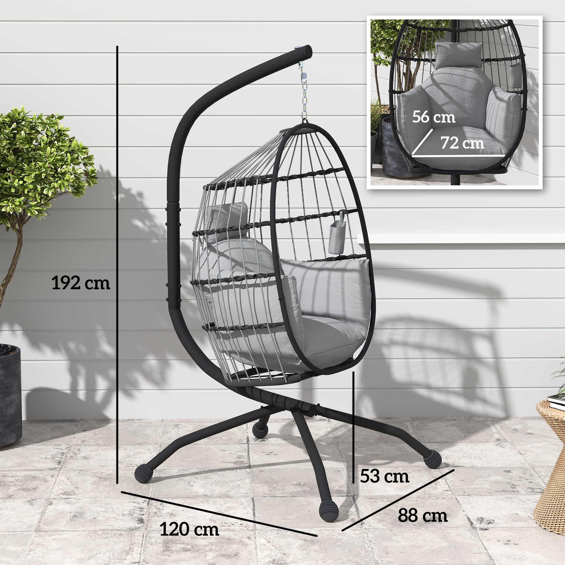 Outsunny Silla Colgante Huevo con Soporte Columpio Jardín Exterior con Cesta Plegable Cojín y Reposacabezas Columpio Colgante para Interior y Exterior Carga 120 kg Gris