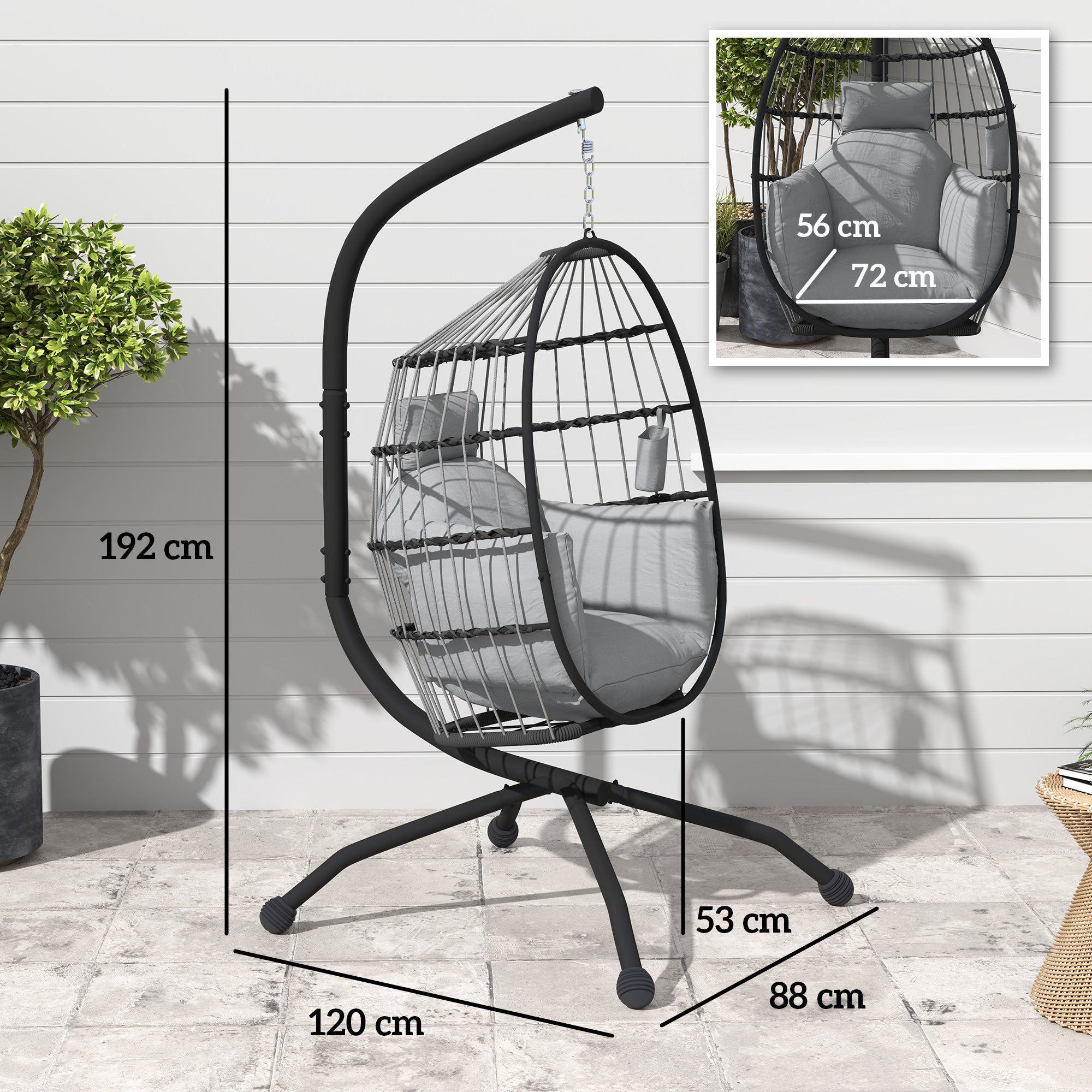 Outsunny Silla Colgante Huevo con Soporte Columpio Jardín Exterior con Cesta Plegable Cojín y Reposacabezas Columpio Colgante para Interior y Exterior Carga 120 kg Gris
