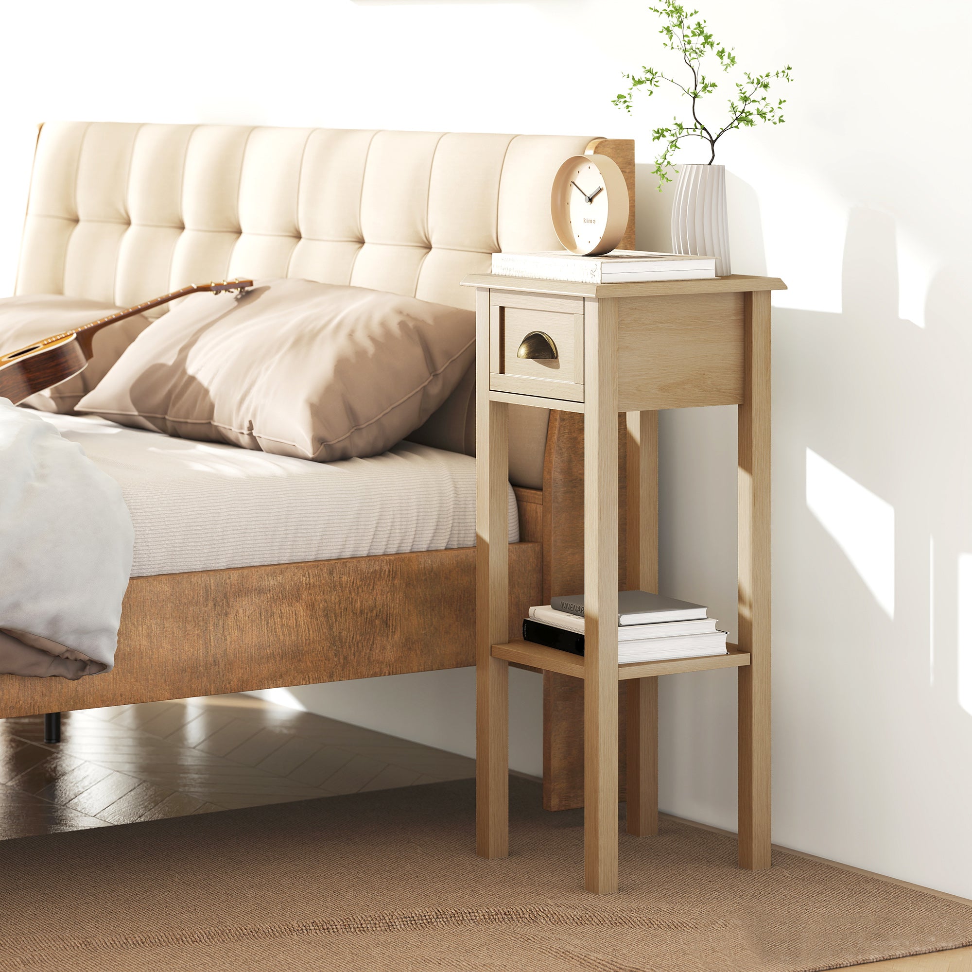 HOMCOM Mesa Auxiliar Rústica, Mesa Auxiliar para Sofá, con Cajón y Estante, Mesita de Noche para Salón, Dormitorio, 30x30x75 cm, Madera Natural