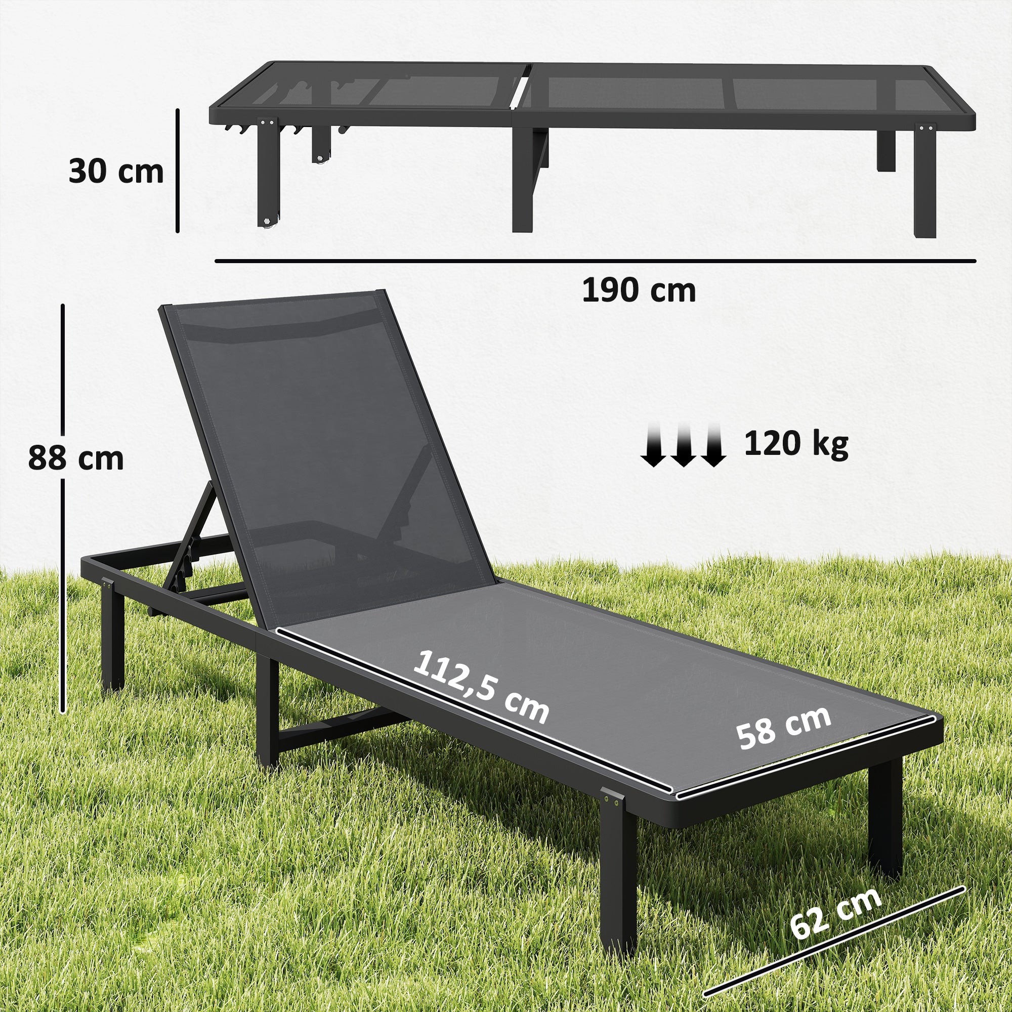 Outsunny Pack de 2 Tumbonas de Jardín Exterior, Tumbonas Reclinables con Ruedas, Respaldo Ajustable de 4 Niveles, Estructura de Aluminio y Tela Textilene, Resistentes, para Playa, Piscina, Gris Oscuro