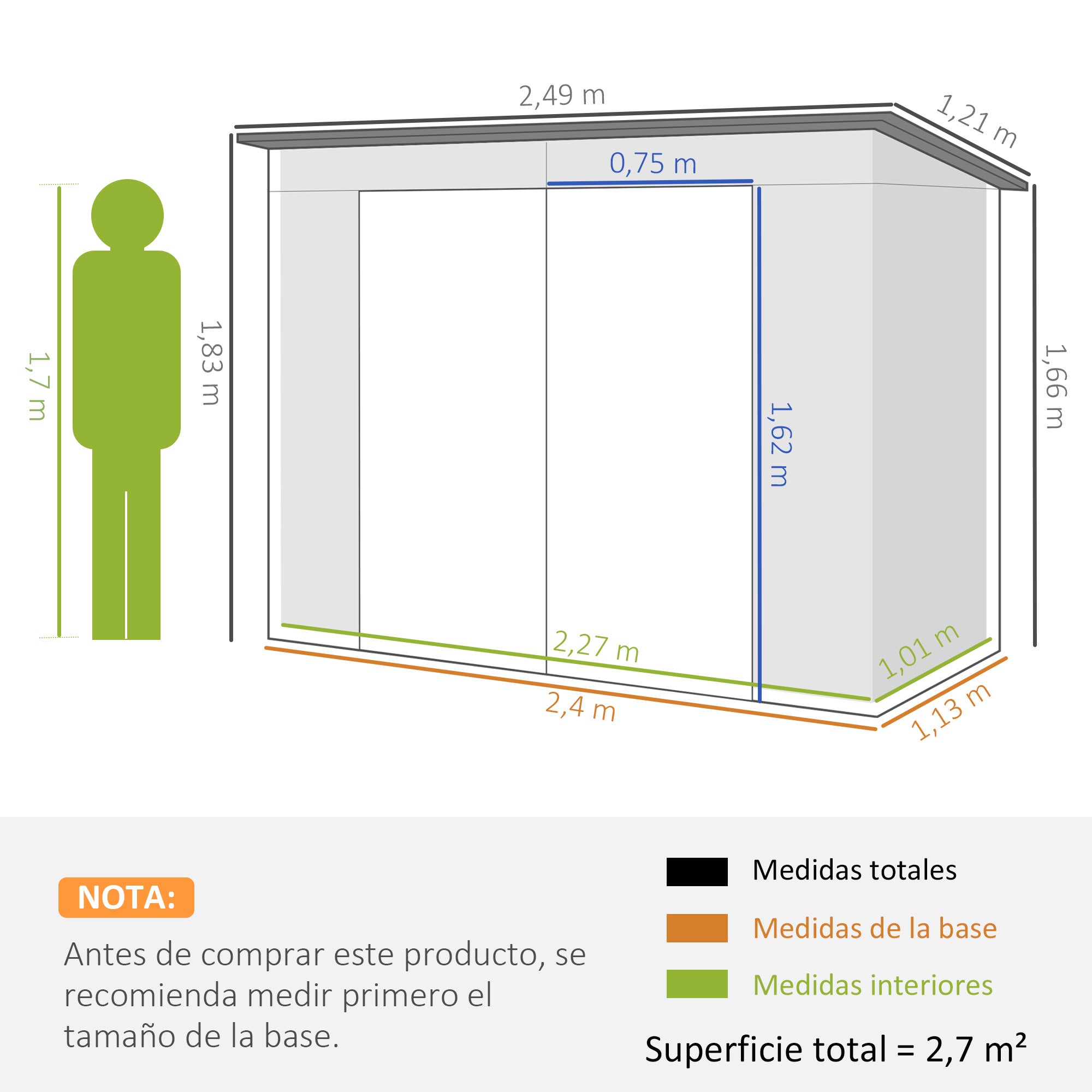 Outsunny Caseta de Jardín Exterior 2,7m² 249x121x183 cm Cobertizo de Jardín Exterior con Doble Puerta 2 Ventilaciones y Pestillo Cobertizo para Terraza Patio Fácil Montar Gris