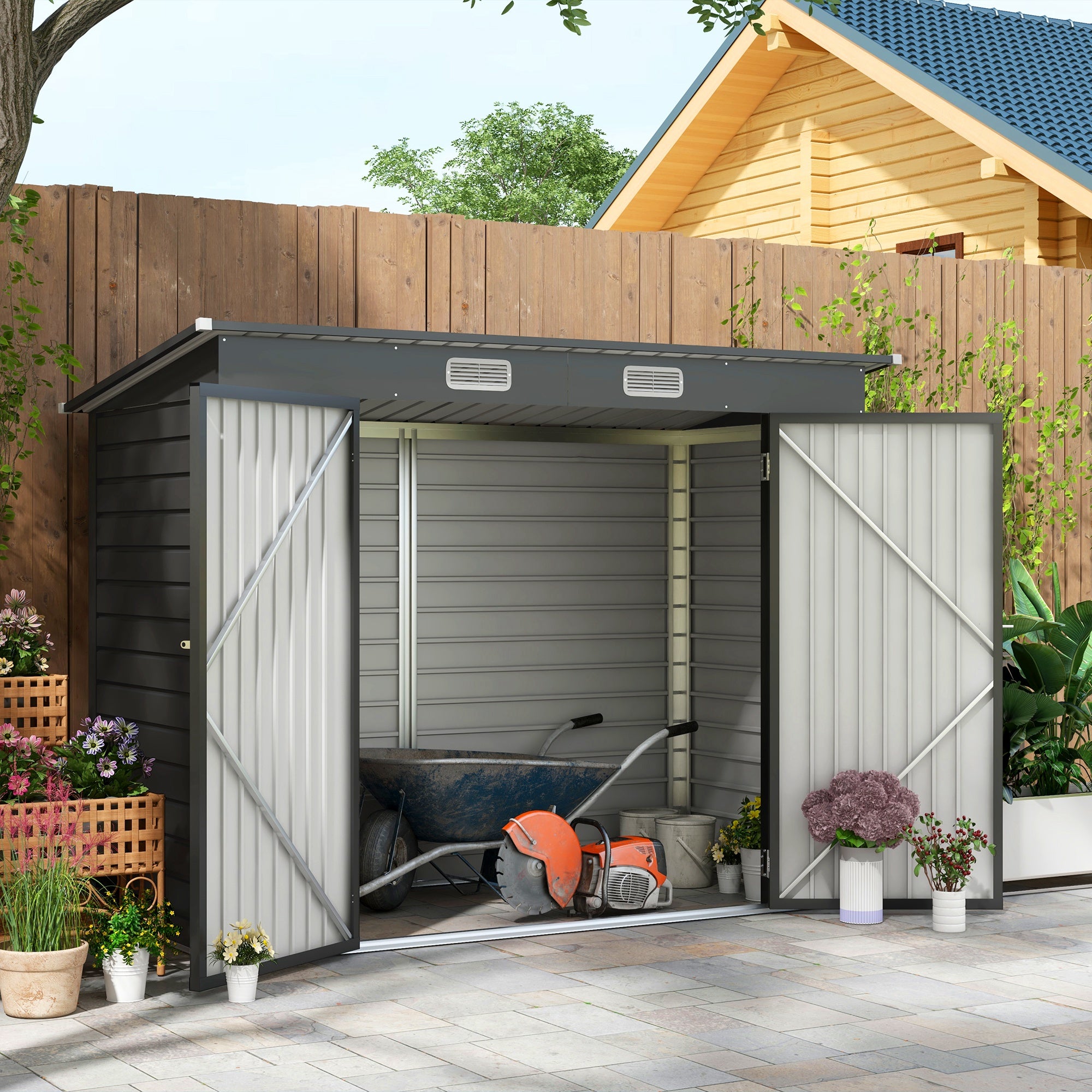 Outsunny Caseta de Jardín Exterior 2,7m² 249x121x183 cm Cobertizo de Jardín Exterior con Doble Puerta 2 Ventilaciones y Pestillo Cobertizo para Terraza Patio Fácil Montar Gris