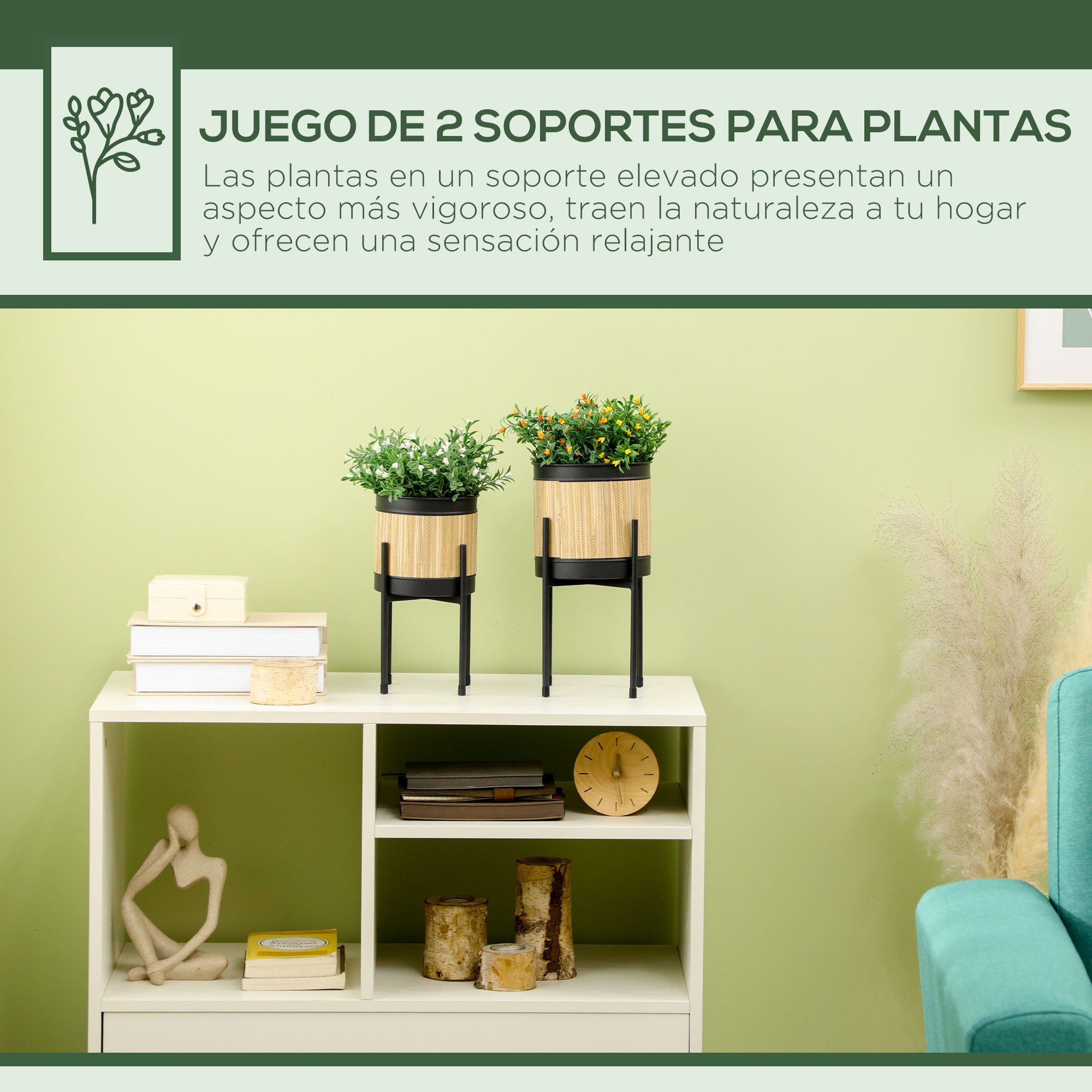 Outsunny Juego de 2 Soportes para Plantas de Metal Cubierta de Totora Soportes para Macetas Maceteros Redondos para Salón Cocina Dormitorio Ø16x30 cm y Ø14x25,5 cm Negro