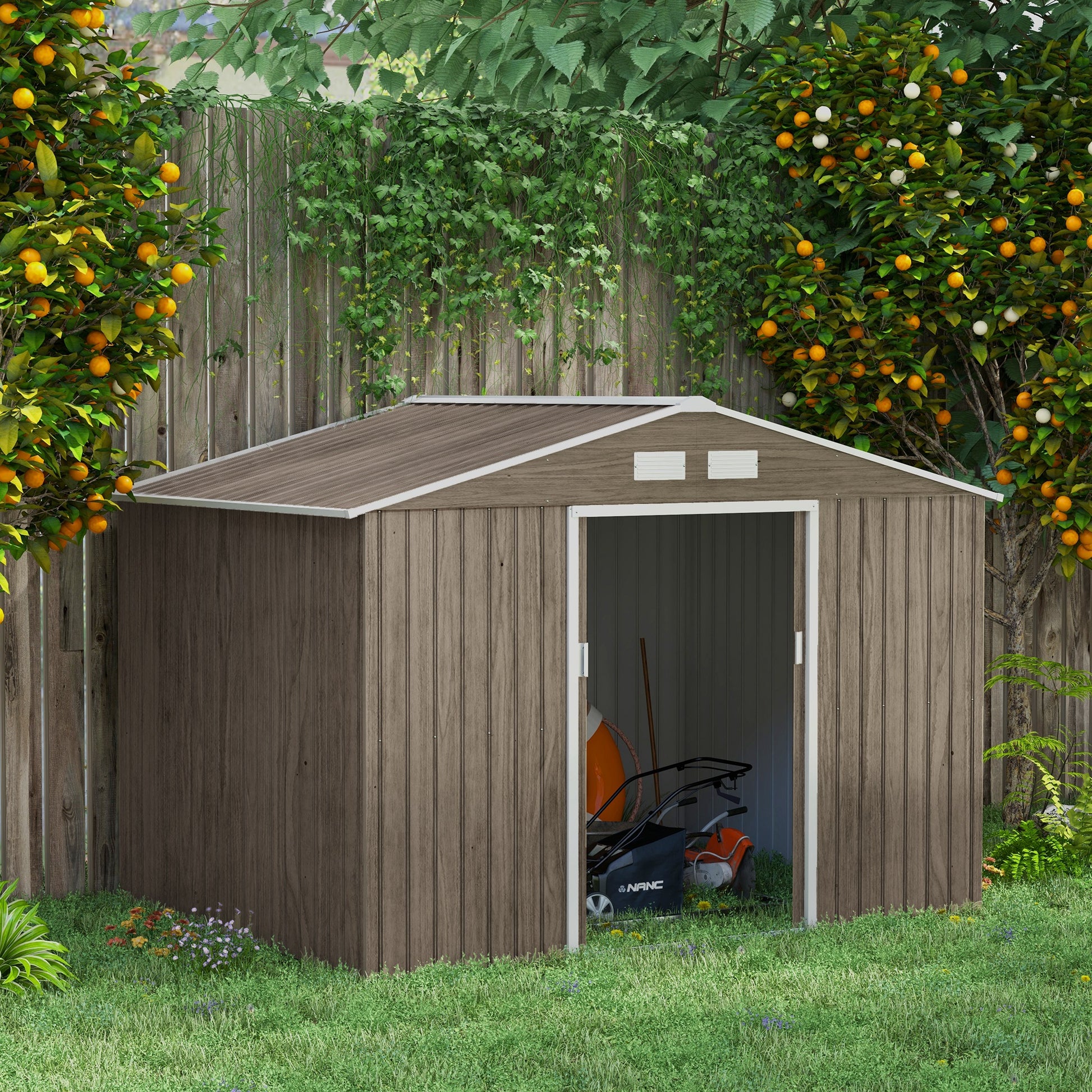 Outsunny Caseta de Jardín Exterior 4,9 m² 277x195x192 cm Cobertizo de Jardín Exterior con Puerta Corredera Techo Inclinado Base Refuerzo (Suelo NO Incluido) y 4 Ventanas Natural