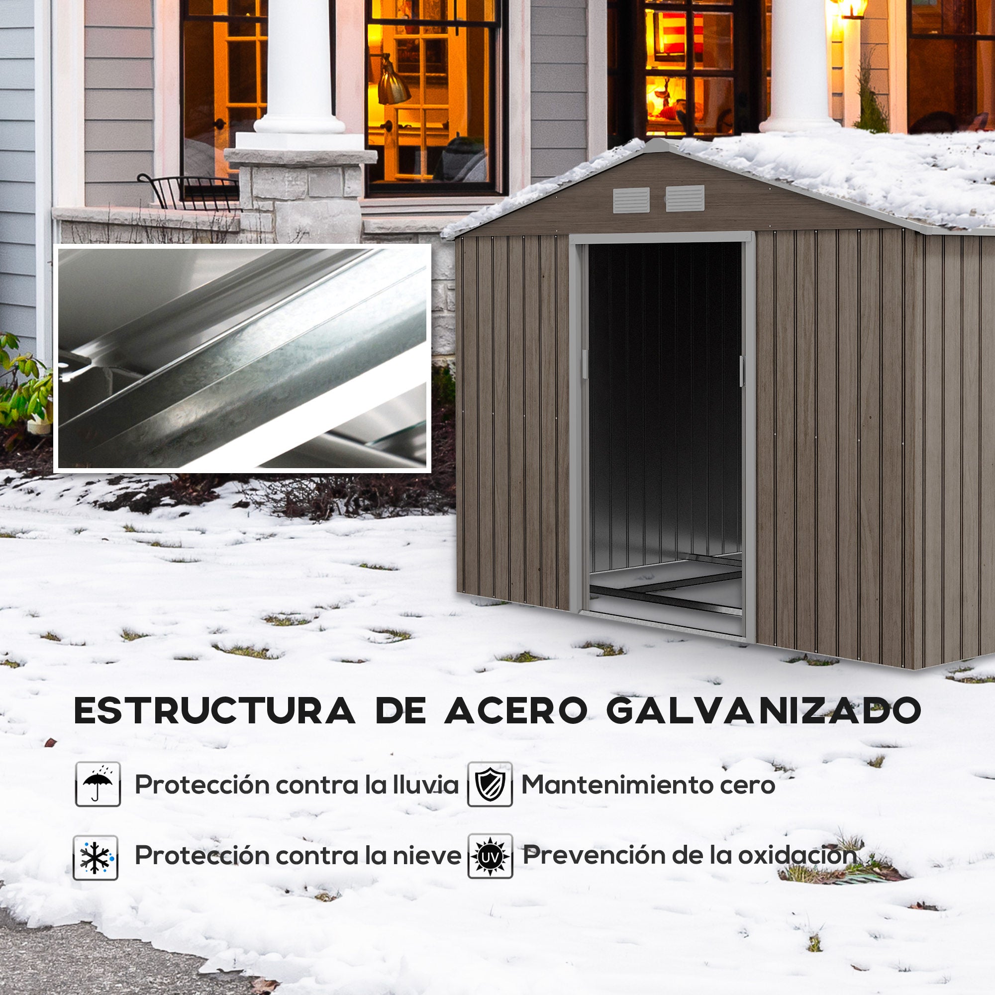 Outsunny Caseta de Jardín Exterior 4,9 m² 277x195x192 cm Cobertizo de Jardín Exterior con Puerta Corredera Techo Inclinado Base Refuerzo (Suelo NO Incluido) y 4 Ventanas Natural