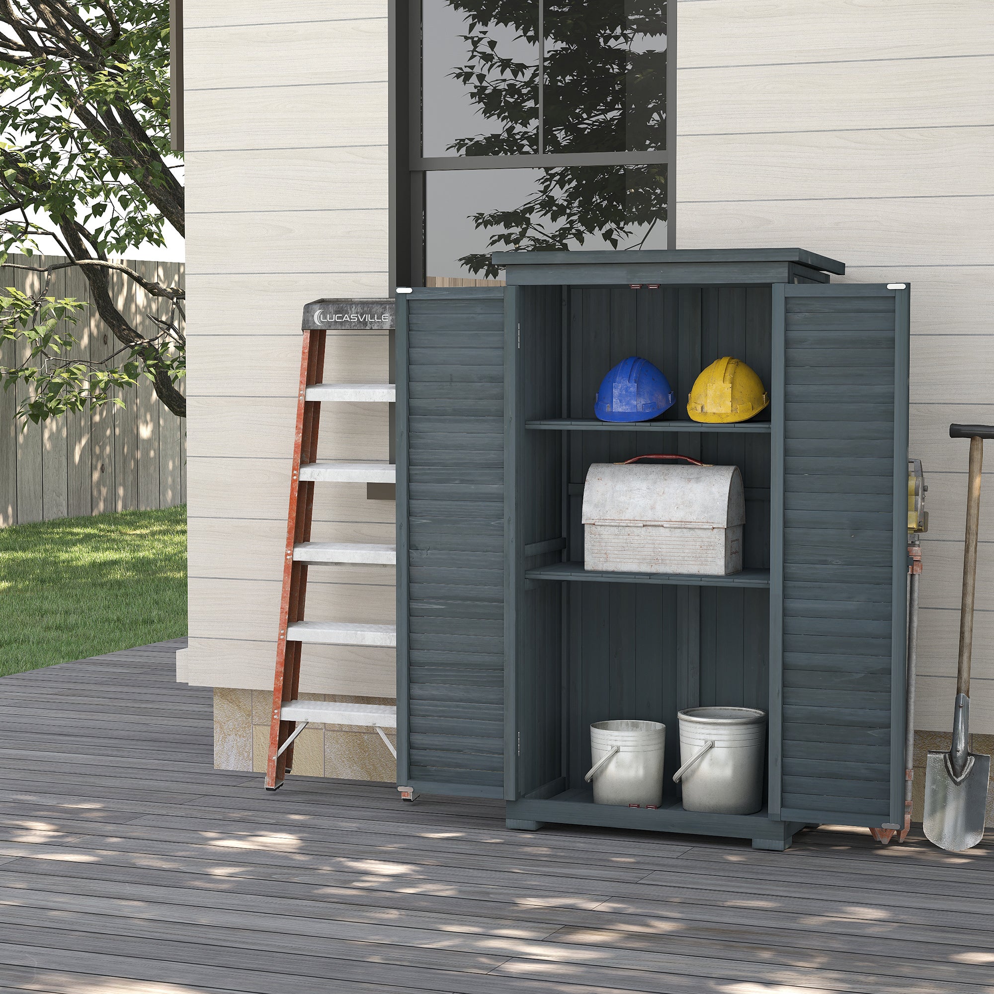 Outsunny Cobertizo de Madera Caseta de Madera 0,31 m² 87x46,5x160 cm Armario Exterior de Madera con 2 Puertas y 2 Estantes Interior para Patio Terraza Gris