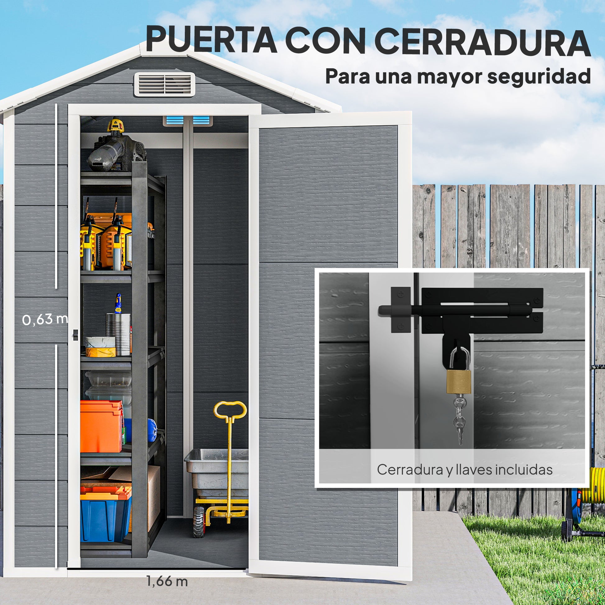 Outsunny Caseta de Jardín Exterior, 2,1 m², 131x186x198 cm, Cobertizo de Jardín Exterior con Suelo, Puerta con Cerradura, Ventana y 2 Ventilaciones, para Almacenamiento de Herramientas, Gris