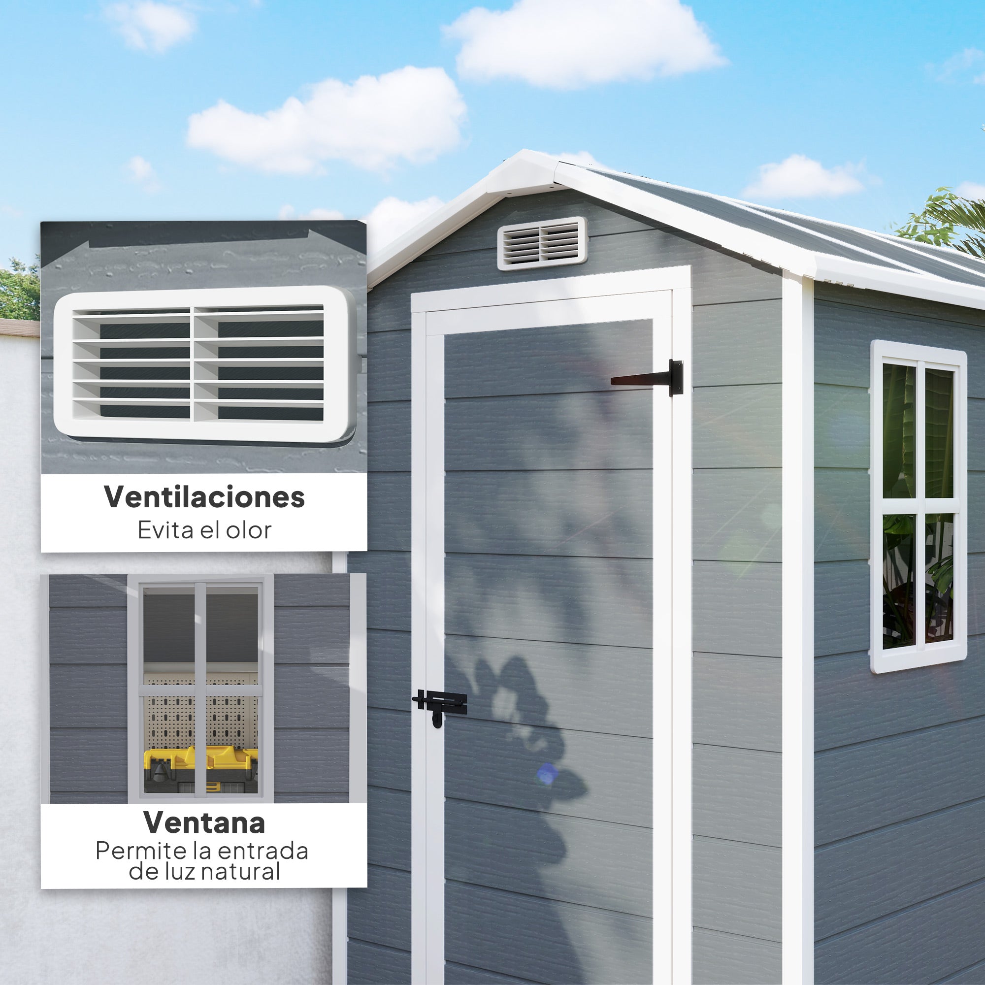 Outsunny Caseta de Jardín Exterior, 2,1 m², 131x186x198 cm, Cobertizo de Jardín Exterior con Suelo, Puerta con Cerradura, Ventana y 2 Ventilaciones, para Almacenamiento de Herramientas, Gris