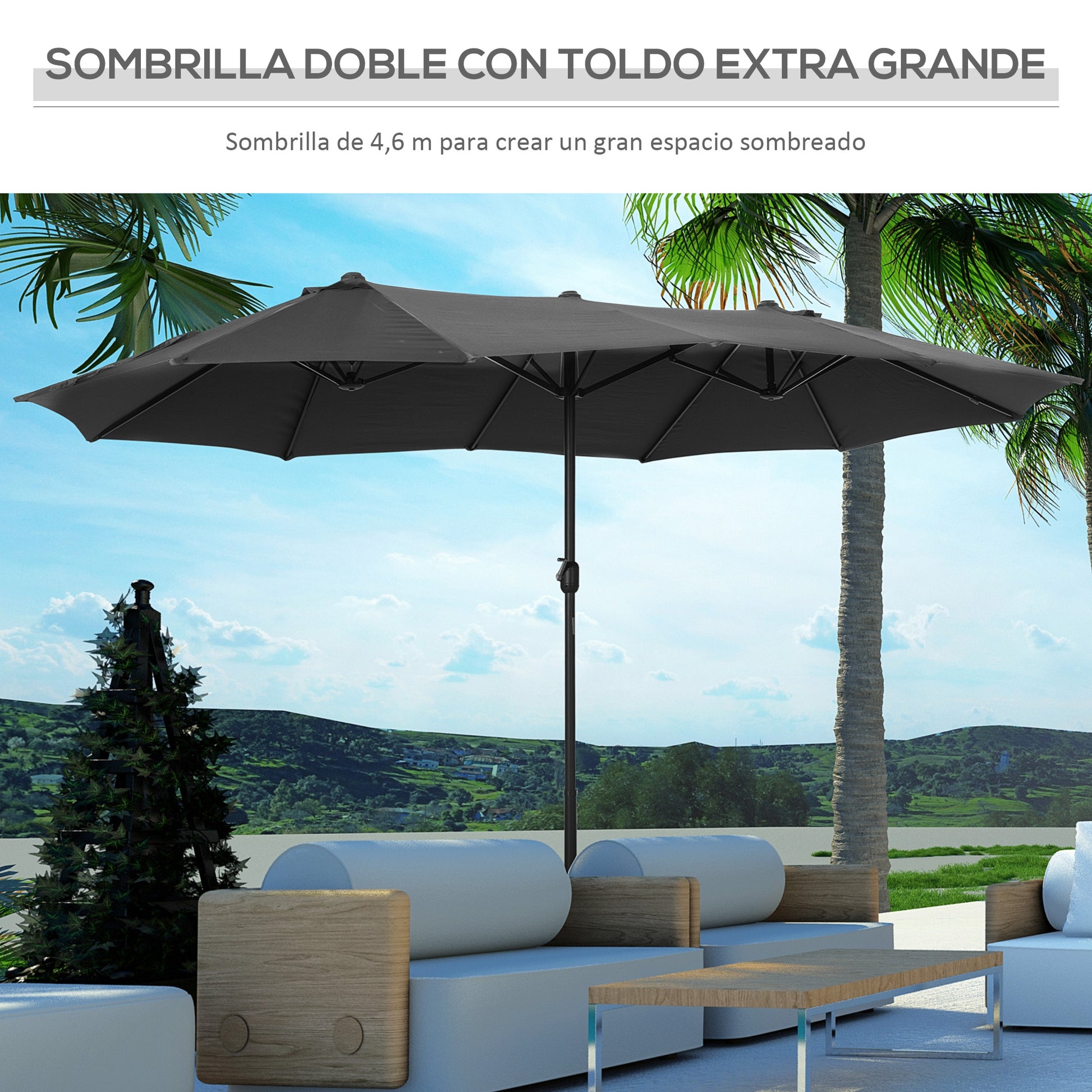 Outsunny Sombrilla Doble 4,55x2,65 m Sombrilla Terraza Exterior con Manivela Manual Resistente al Agua y Protección Solar Sombrilla Grande para Terraza Playa Piscina Gris