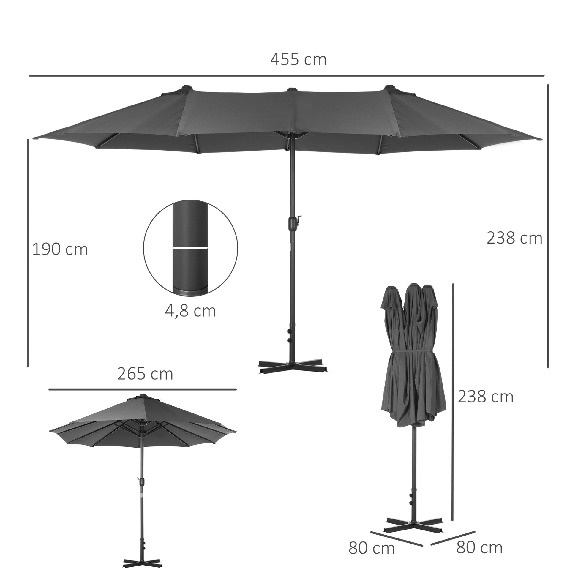 Outsunny Sombrilla Doble 4,55x2,65 m Sombrilla Terraza Exterior con Manivela Manual Resistente al Agua y Protección Solar Sombrilla Grande para Terraza Playa Piscina Gris