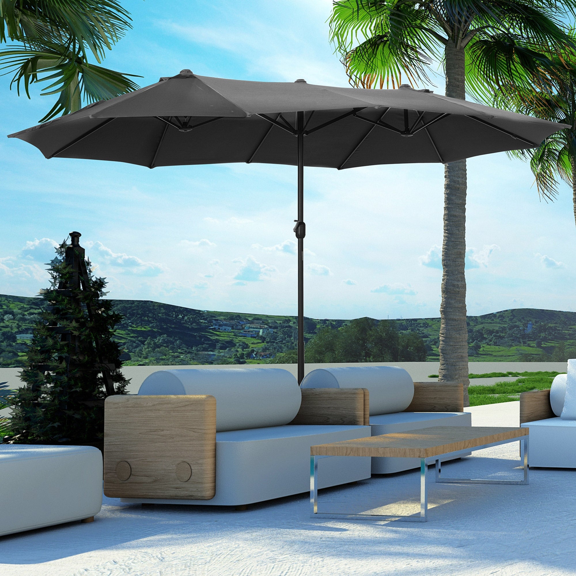 Outsunny Sombrilla Doble 4,55x2,65 m Sombrilla Terraza Exterior con Manivela Manual Resistente al Agua y Protección Solar Sombrilla Grande para Terraza Playa Piscina Gris