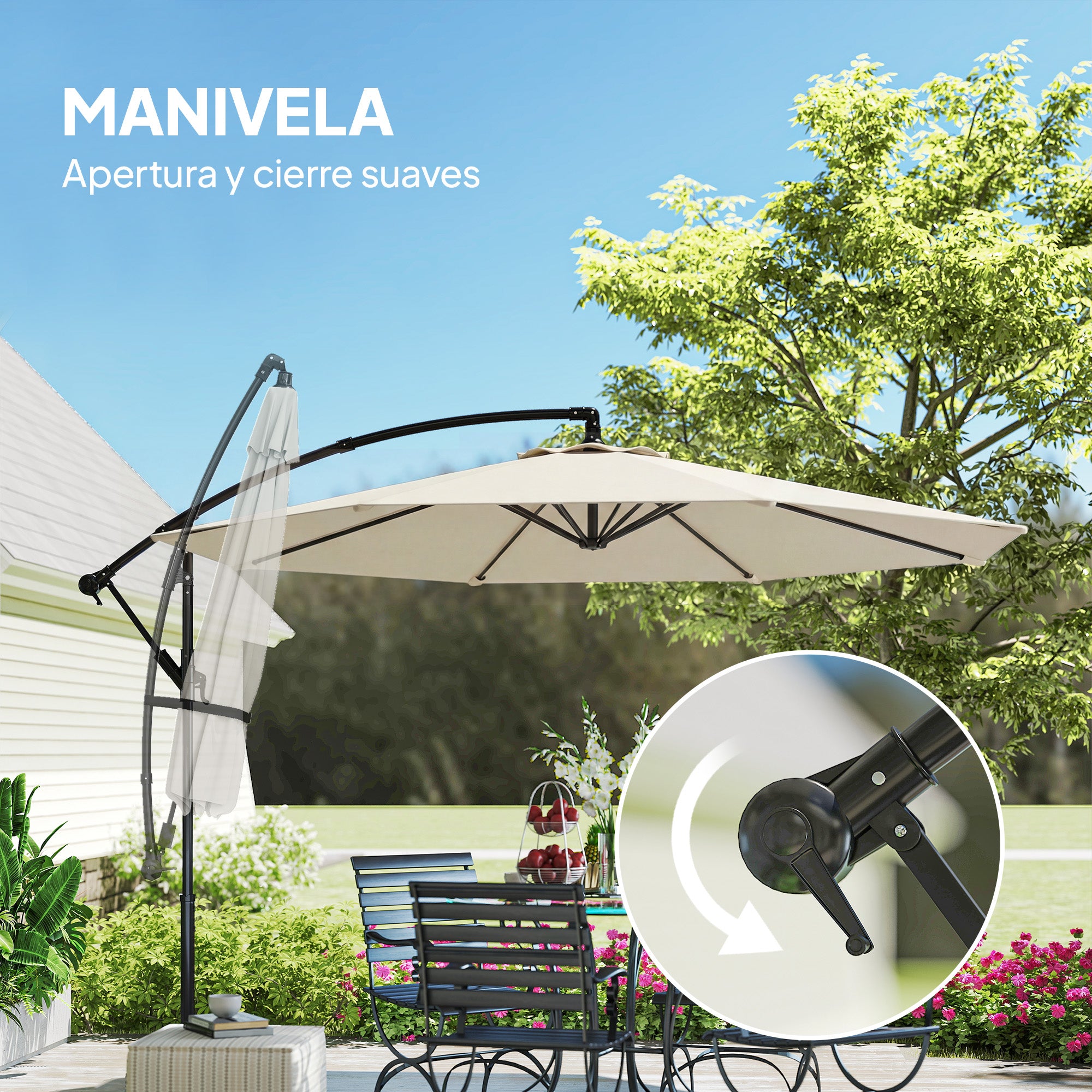 Outsunny Parasol Excéntrico, Ø300 cm, Sombrilla de Jardín con Base Cruzada, Toldo Ajustable, Manivela, 8 Barras, UPF30+, para Terraza, Patio, Exterior, Blanco Crema