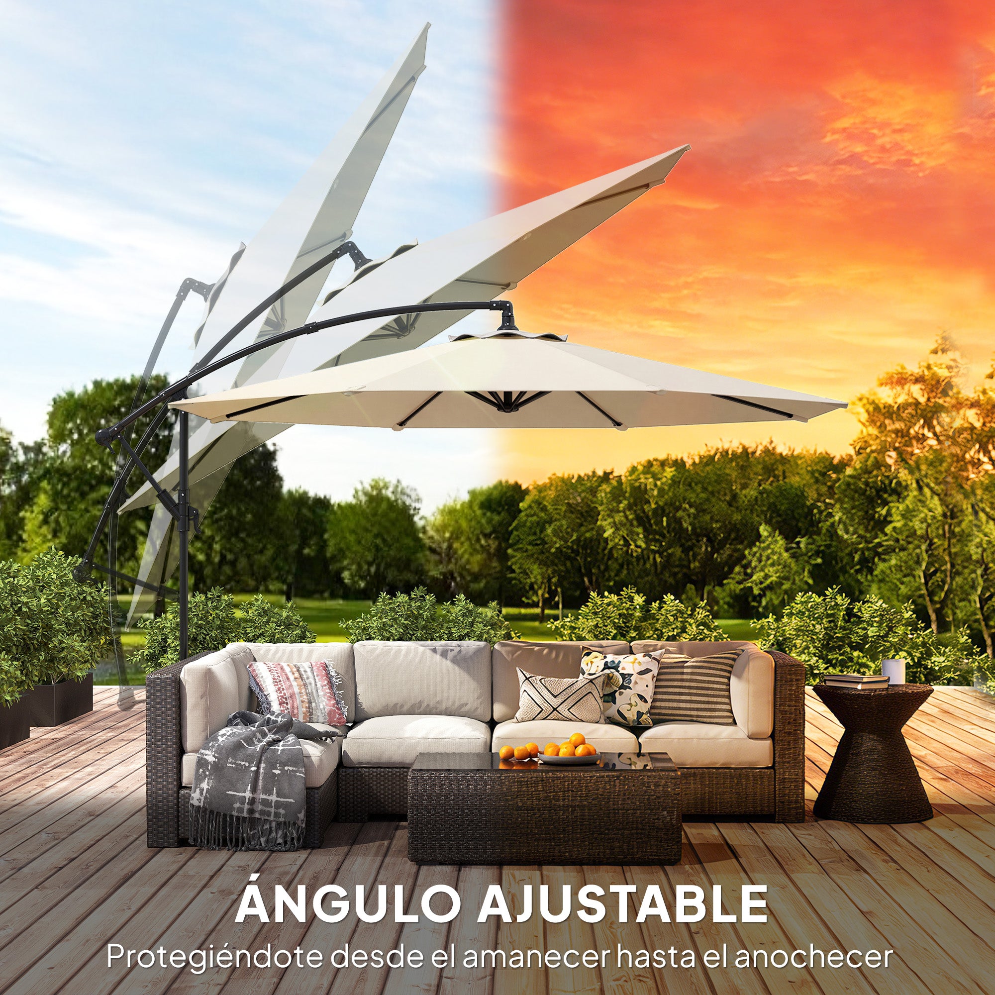 Outsunny Parasol Excéntrico, Ø300 cm, Sombrilla de Jardín con Base Cruzada, Toldo Ajustable, Manivela, 8 Barras, UPF30+, para Terraza, Patio, Exterior, Blanco Crema