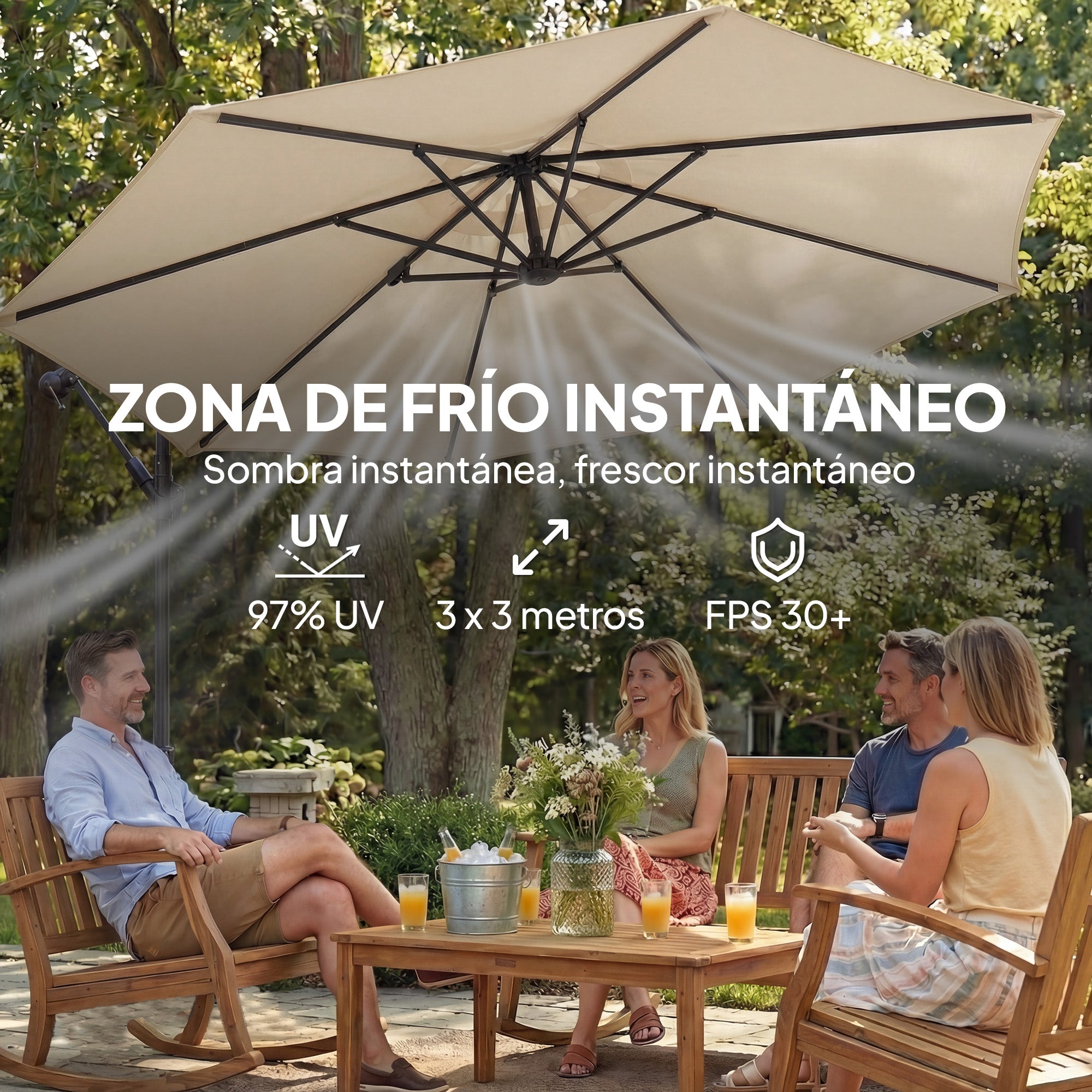 Outsunny Parasol Excéntrico, Ø300 cm, Sombrilla de Jardín con Base Cruzada, Toldo Ajustable, Manivela, 8 Barras, UPF30+, para Terraza, Patio, Exterior, Blanco Crema
