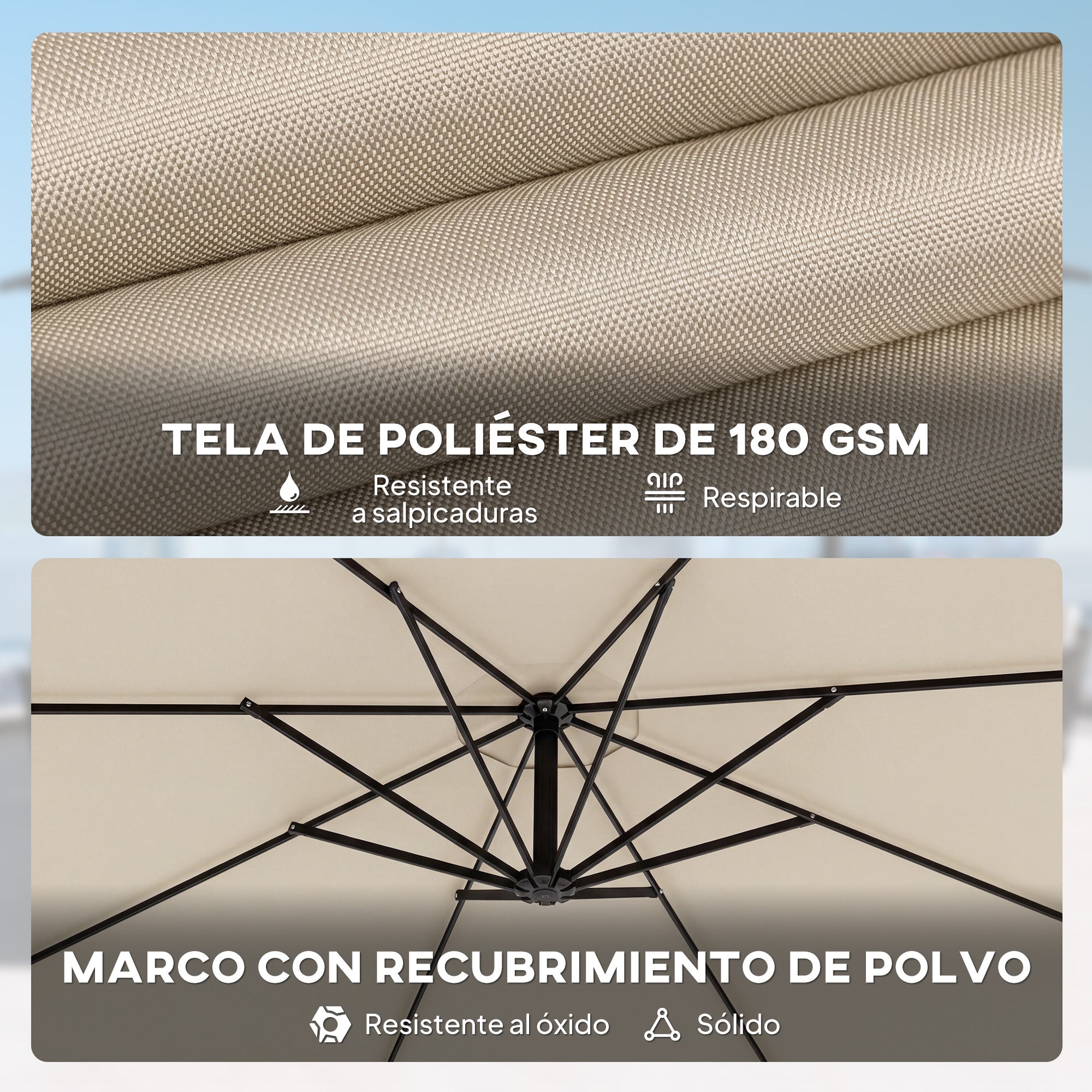 Outsunny Parasol Excéntrico, Ø300 cm, Sombrilla de Jardín con Base Cruzada, Toldo Ajustable, Manivela, 8 Barras, UPF30+, para Terraza, Patio, Exterior, Blanco Crema