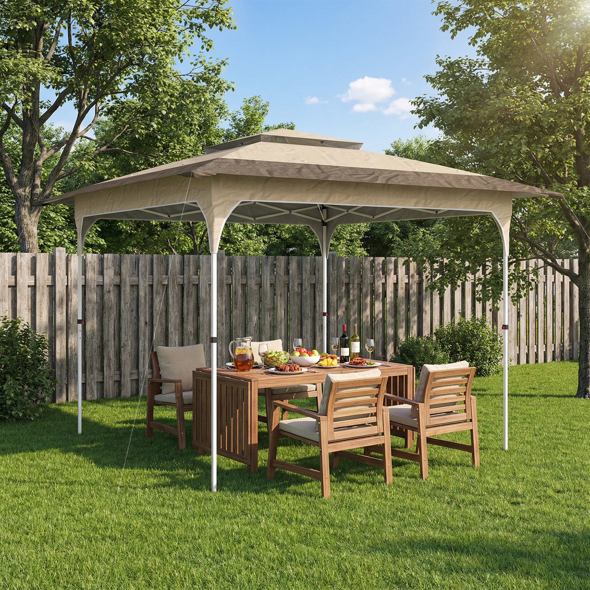 Outsunny Carpa Plegable 3,5x3,5 m, Pop-up, Cenador Pabellón de Jardín con Doble Techo, Cierre Central, UPF50+, Altura Ajustable de 3 Niveles y Bolsa de Transporte, Gazebo para Fiestas, Exterior, Caqui