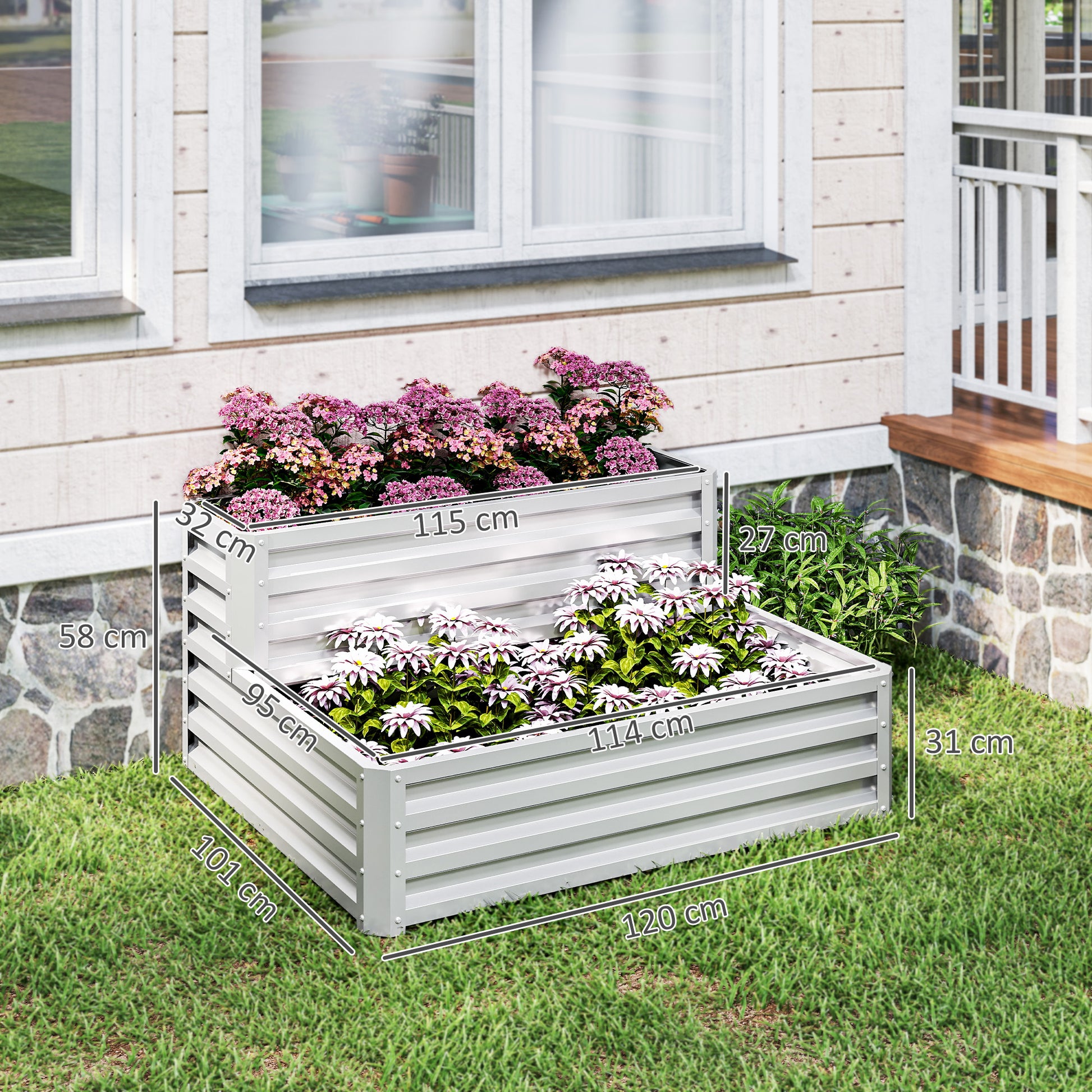 Outsunny Huerto Urbano de 2 Niveles de Acero Galvanizado, Jardinera Exterior con Diseño de Escalera y Fondo Abierto para Cultivos, Plantas, Herbaria, para Terraza, Jardín, 120x101x58 cm, Plateado