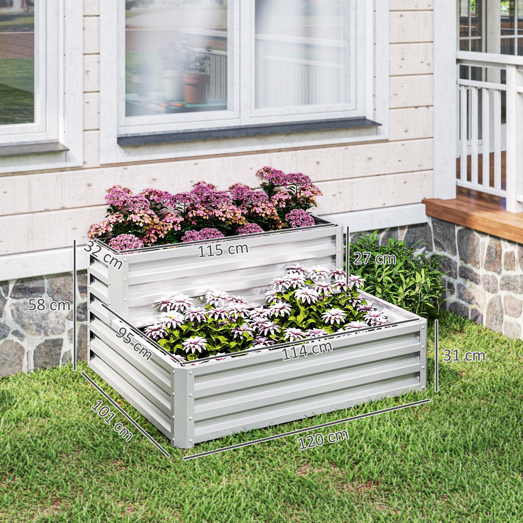 Outsunny Huerto Urbano de 2 Niveles de Acero Galvanizado, Jardinera Exterior con Diseño de Escalera y Fondo Abierto para Cultivos, Plantas, Herbaria, para Terraza, Jardín, 120x101x58 cm, Plateado