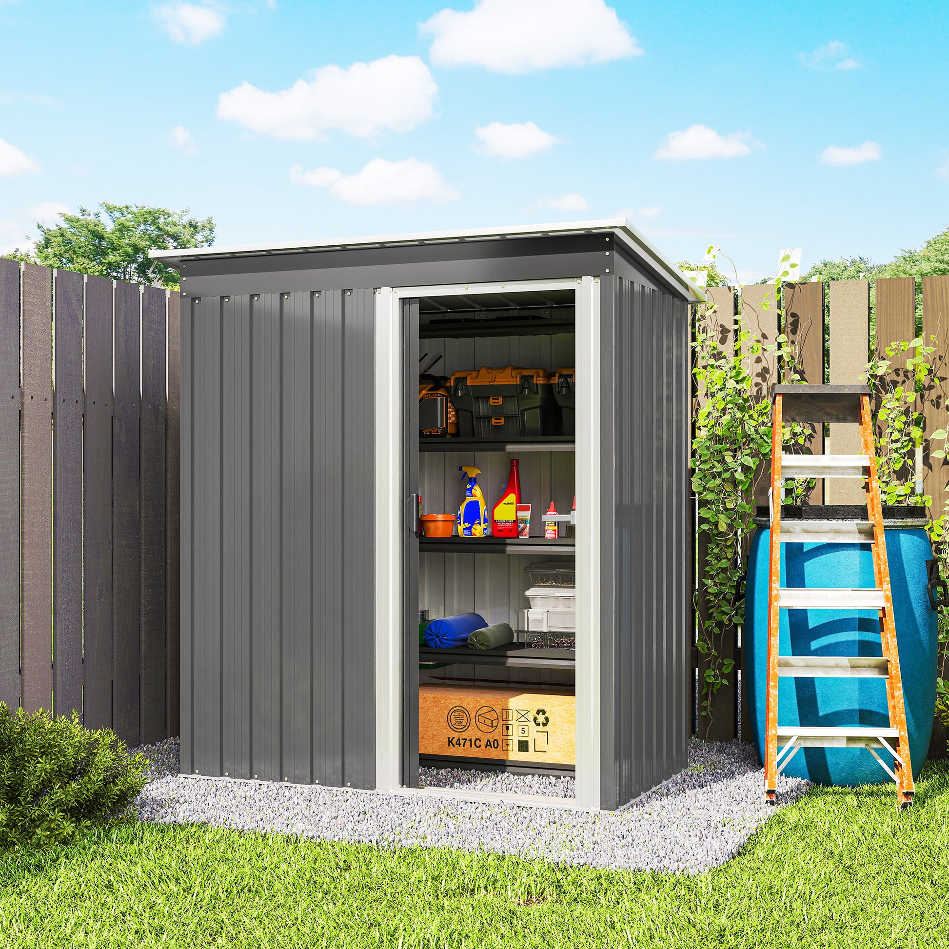 Outsunny Caseta de Jardín Exterior, 1,16 m², 163x89x182 cm, Cobertizo de Jardín Exterior Metálico con Puerta Corredera y Techo Inclinado, para Almacenamiento de Herramientas, Gris
