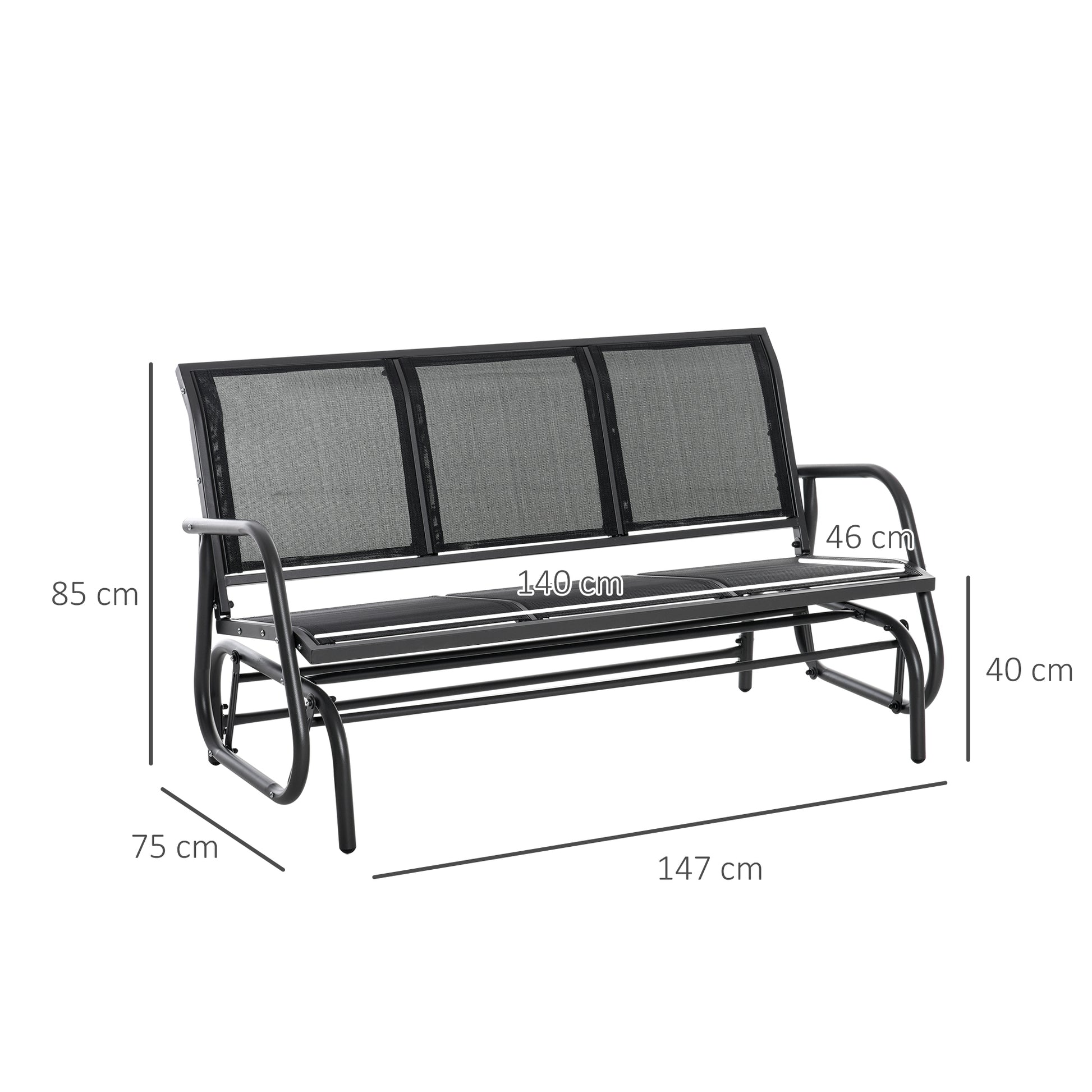 Outsunny Banco de Jardín Exterior de 3 Plazas Mecedora de Exterior con Reposabrazos Carga 300 kg para Terraza Balcón Patio 147x75x85 cm Negro
