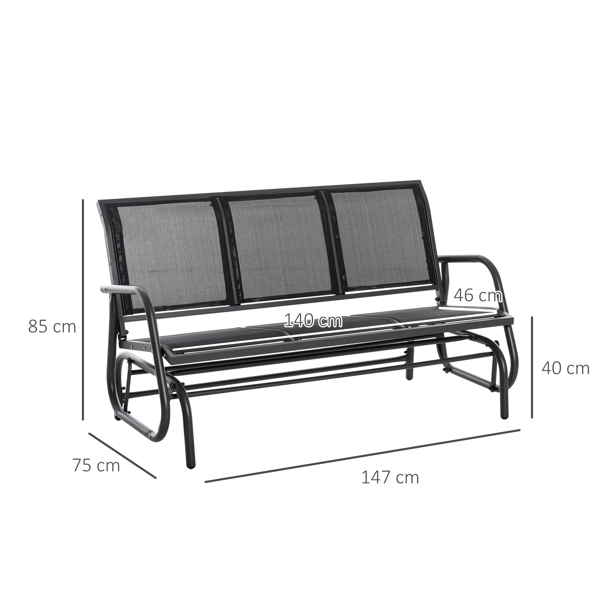 Outsunny Banco de Jardín Exterior de 3 Plazas Mecedora de Exterior con Reposabrazos Carga 300 kg para Terraza Balcón Patio 147x75x85 cm Negro