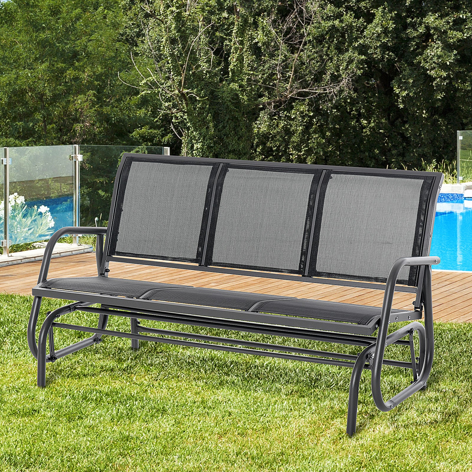Outsunny Banco de Jardín Exterior de 3 Plazas Mecedora de Exterior con Reposabrazos Carga 300 kg para Terraza Balcón Patio 147x75x85 cm Negro
