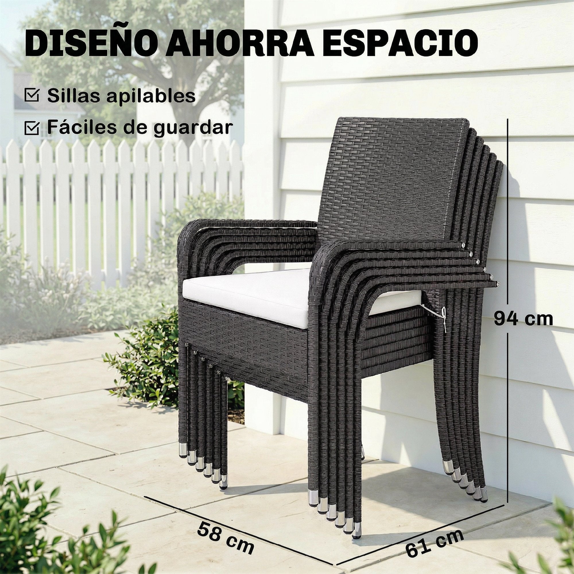 Outsunny Conjunto de Mesa y Sillas Jardín de Ratán de 7 Piezas, Muebles Jardín Exterior con Mesa Extensible 100-150 cm Tablero Madera y 6 Sillas Apilables con Cojines Extraíbles, Marco de Acero, Crema