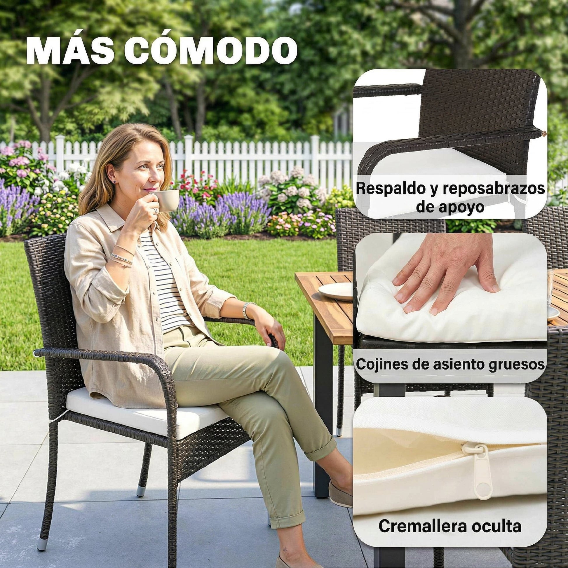 Outsunny Conjunto de Mesa y Sillas Jardín de Ratán de 7 Piezas, Muebles Jardín Exterior con Mesa Extensible 100-150 cm Tablero Madera y 6 Sillas Apilables con Cojines Extraíbles, Marco de Acero, Crema