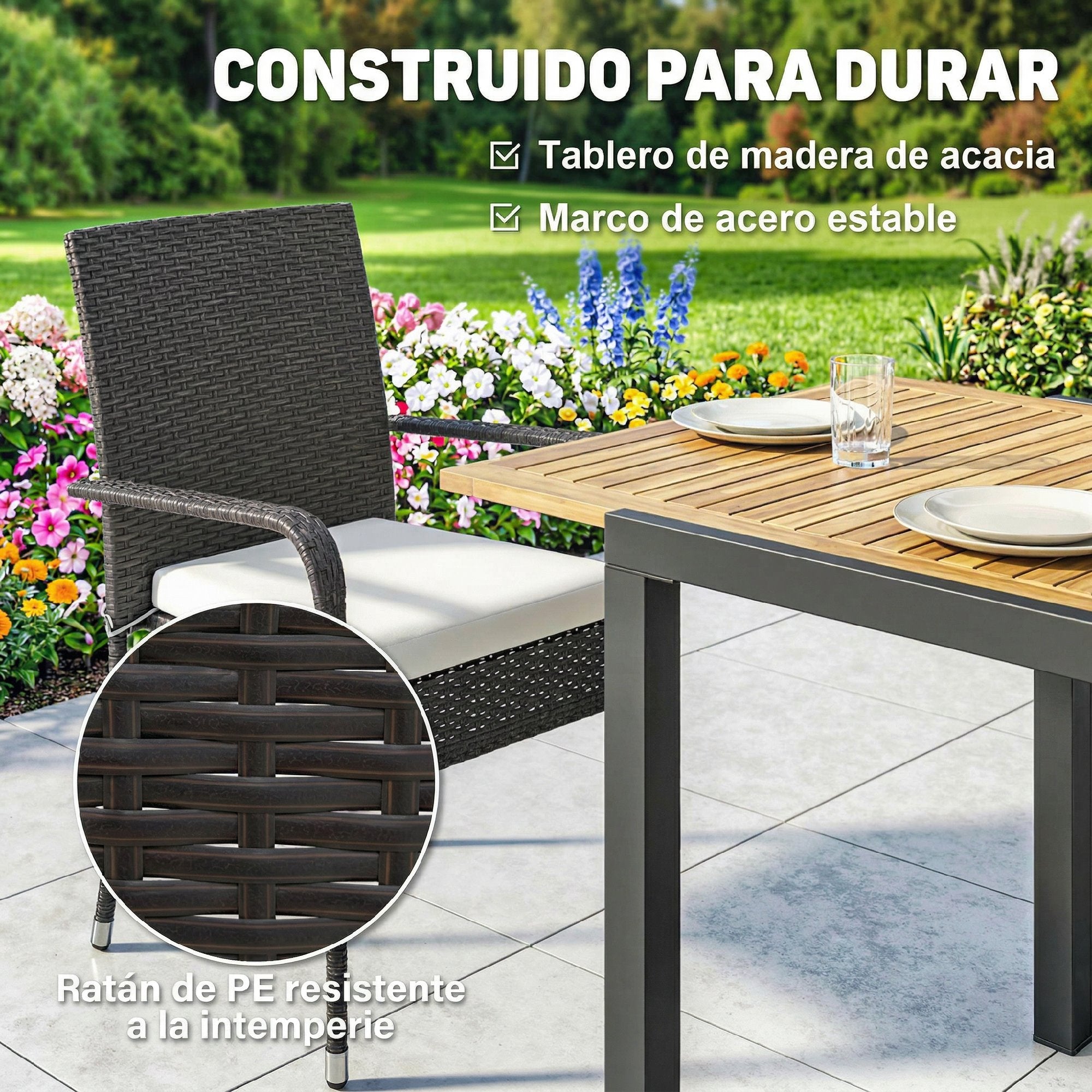 Outsunny Conjunto de Mesa y Sillas Jardín de Ratán de 7 Piezas, Muebles Jardín Exterior con Mesa Extensible 100-150 cm Tablero Madera y 6 Sillas Apilables con Cojines Extraíbles, Marco de Acero, Crema