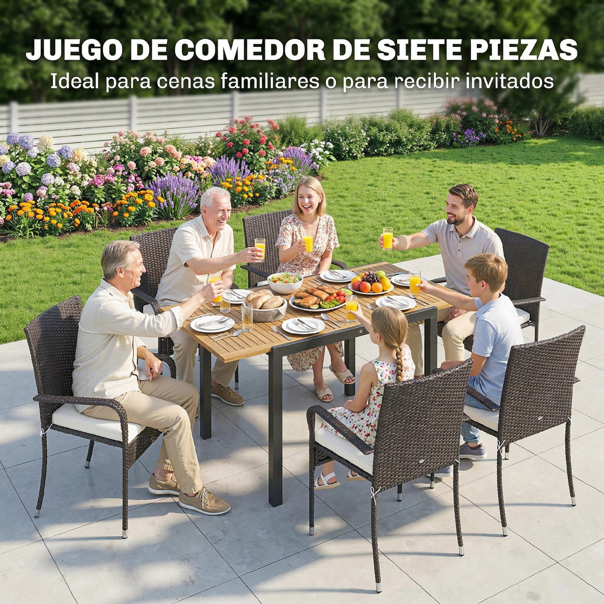 Outsunny Conjunto de Mesa y Sillas Jardín de Ratán de 7 Piezas, Muebles Jardín Exterior con Mesa Extensible 100-150 cm Tablero Madera y 6 Sillas Apilables con Cojines Extraíbles, Marco de Acero, Crema