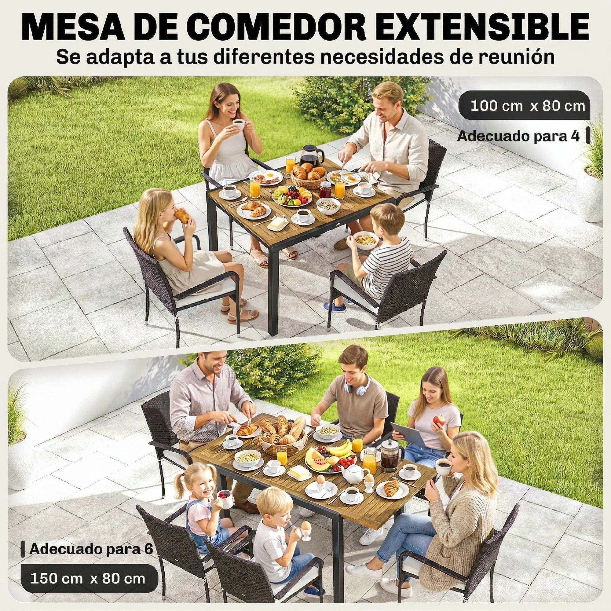 Outsunny Conjunto de Mesa y Sillas Jardín de Ratán de 7 Piezas, Muebles Jardín Exterior con Mesa Extensible 100-150 cm Tablero Madera y 6 Sillas Apilables con Cojines Extraíbles, Marco de Acero, Crema