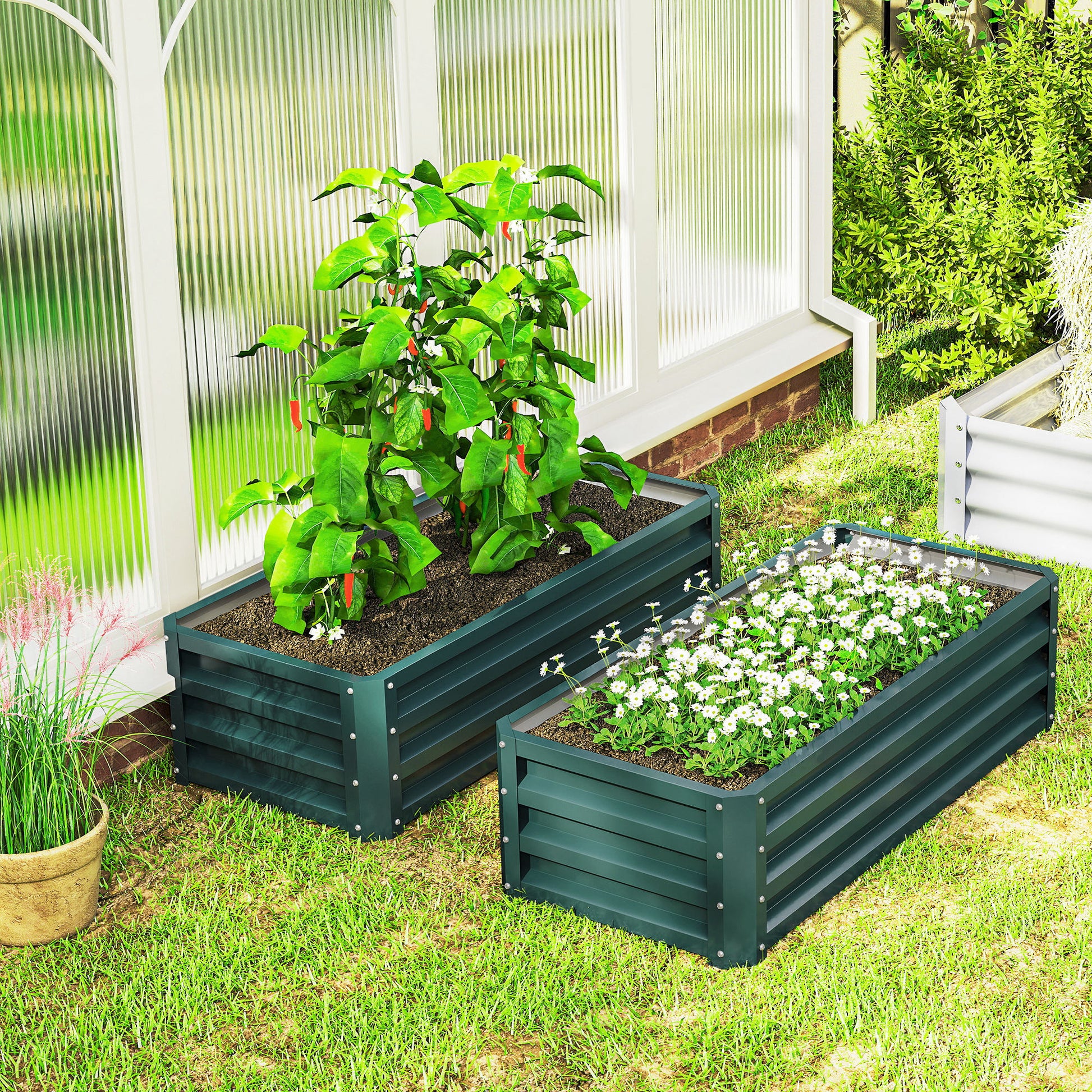 Outsunny Juego de 2 Jardineras Exterior Grandes de Acero Galvanizado, Huertos Urbanos, Maceteros Exterior Elevados para Plantas, Flores, Terraza, Jardín, Resistente a la Intemperie, 110x50x30 cm Verde