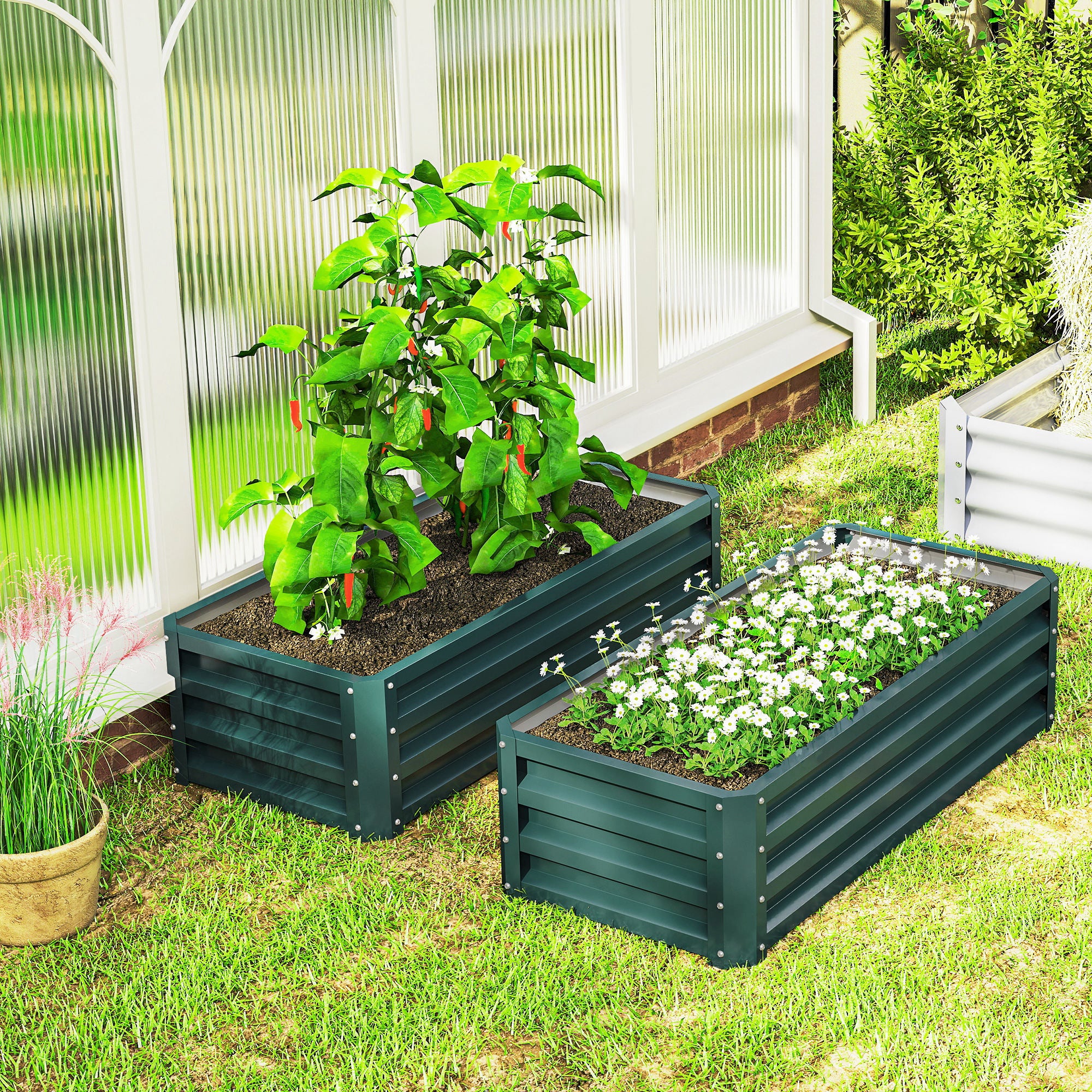 Outsunny Juego de 2 Jardineras Exterior Grandes de Acero Galvanizado, Huertos Urbanos, Maceteros Exterior Elevados para Plantas, Flores, Terraza, Jardín, Resistente a la Intemperie, 110x50x30 cm Verde