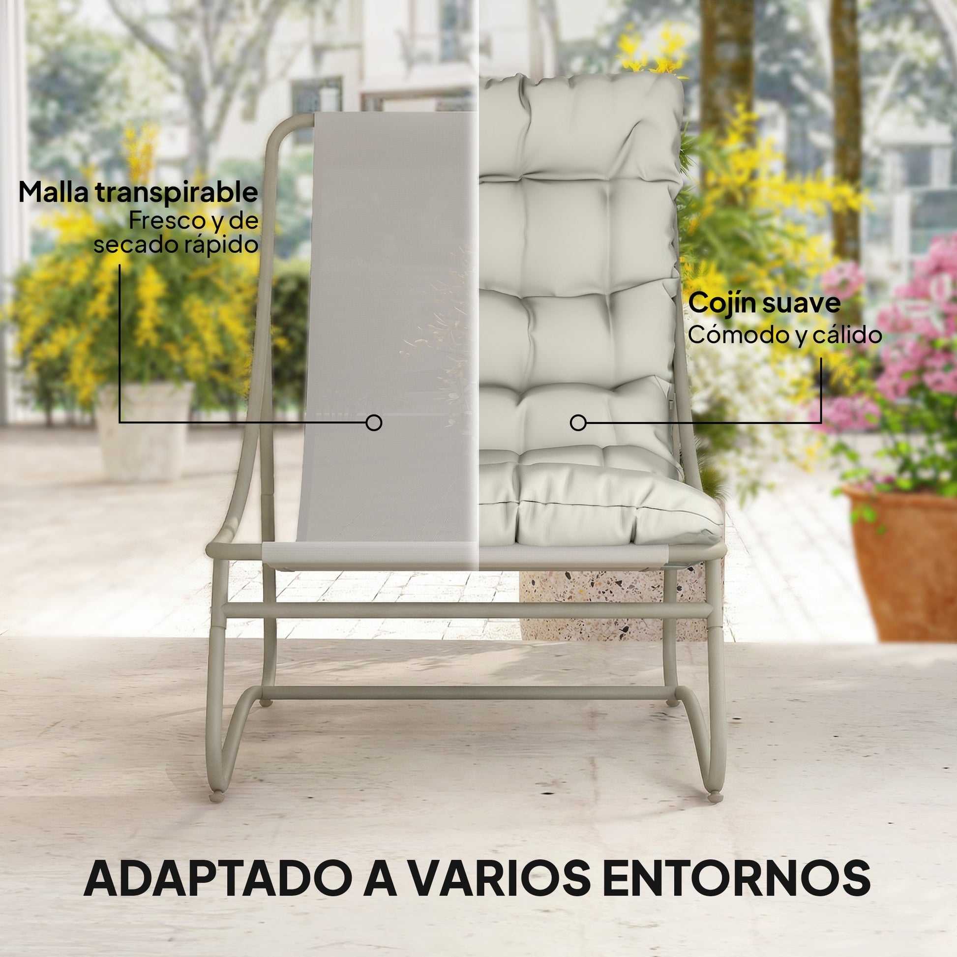 Outsunny Conjunto de Mesa y Sillas de Terraza Exterior de 3 Piezas, Muebles de Jardín Exterior con Cojines, 2 Sillas Lounge Transpirable, Mesa de Café y Marco de Acero, para Patio, Balcón, Gris Claro