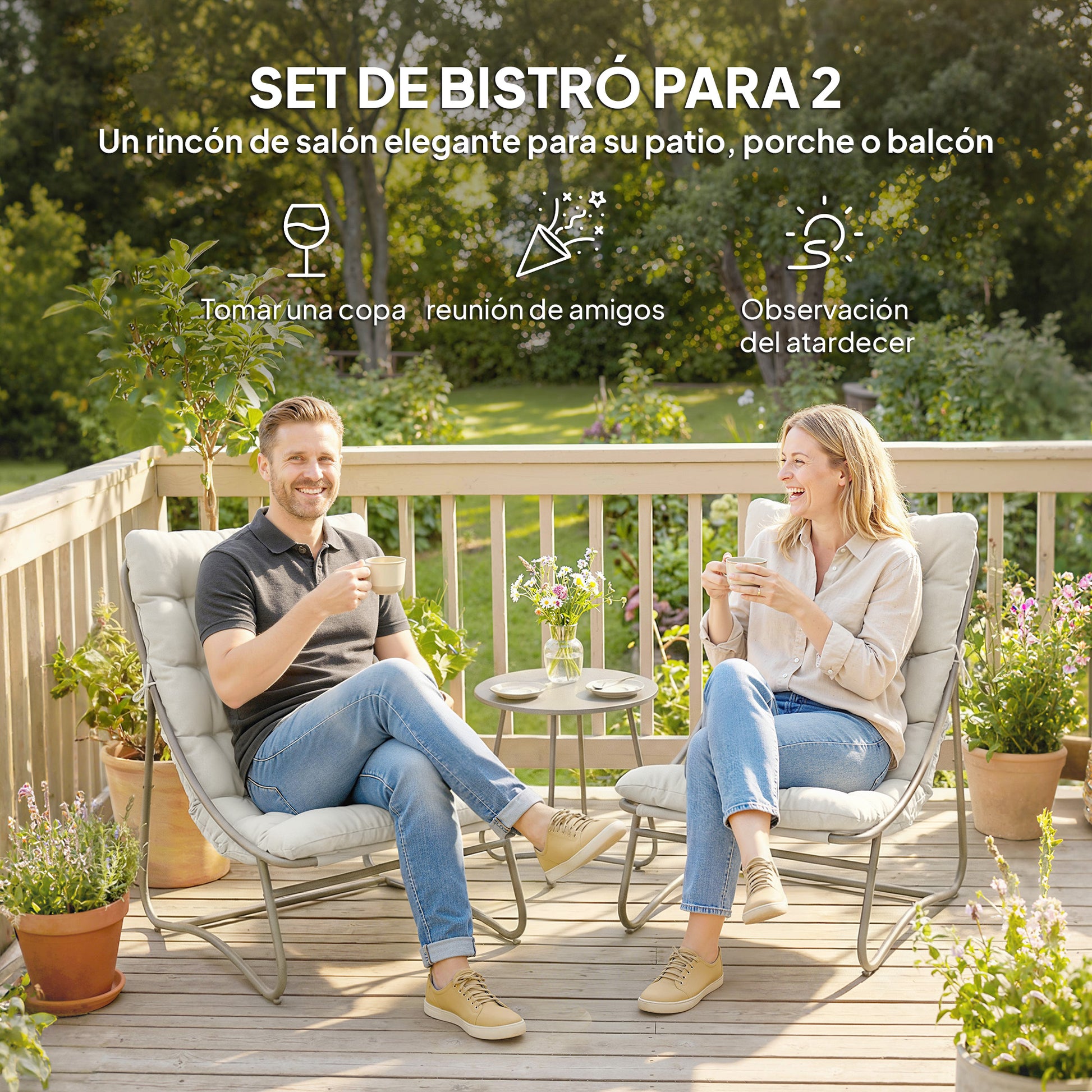 Outsunny Conjunto de Mesa y Sillas de Terraza Exterior de 3 Piezas, Muebles de Jardín Exterior con Cojines, 2 Sillas Lounge Transpirable, Mesa de Café y Marco de Acero, para Patio, Balcón, Gris Claro