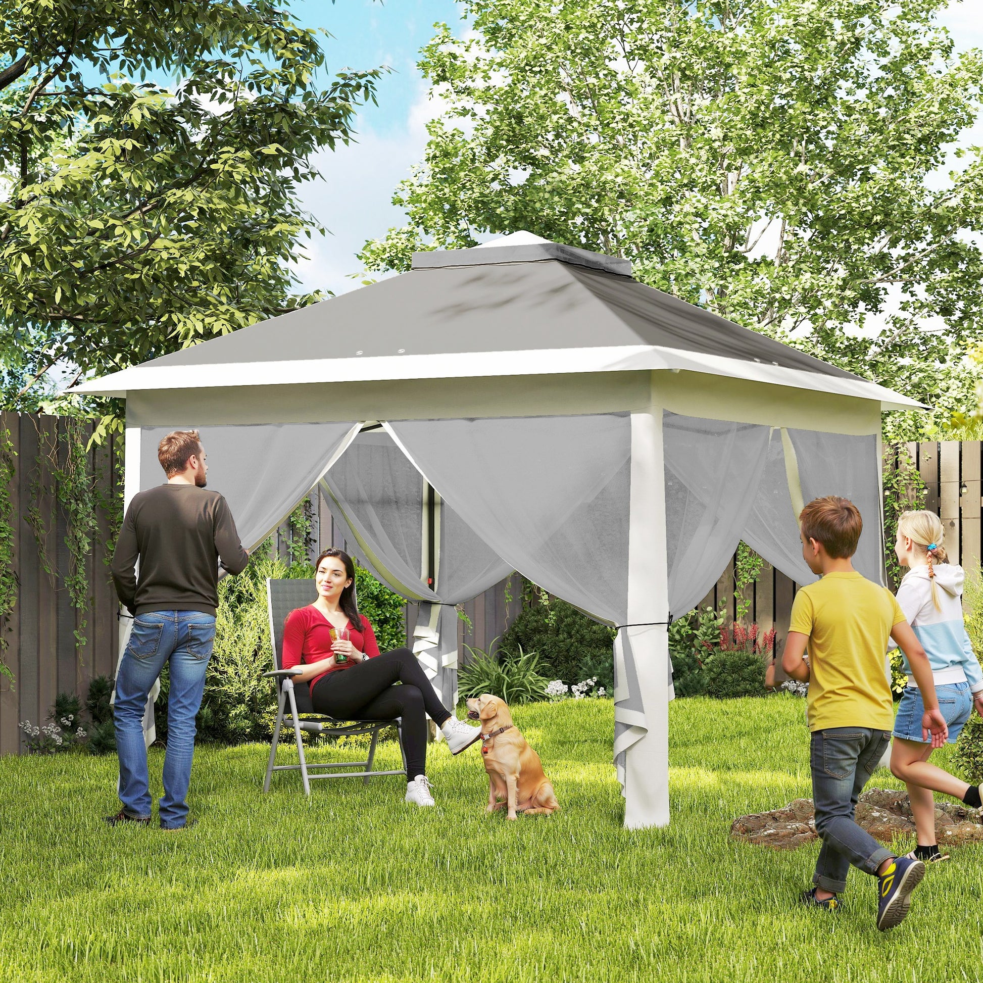 Outsunny Carpa Plegable 3,3x3,3 m Pop-up, Cenador de Jardín con Altura Ajustable 3 Niveles, Doble Techo, 4 Mosquiteras Extraíbles y Bolsa Transporte, Impermeable, Anti-UV para Exterior, Gris Oscuro