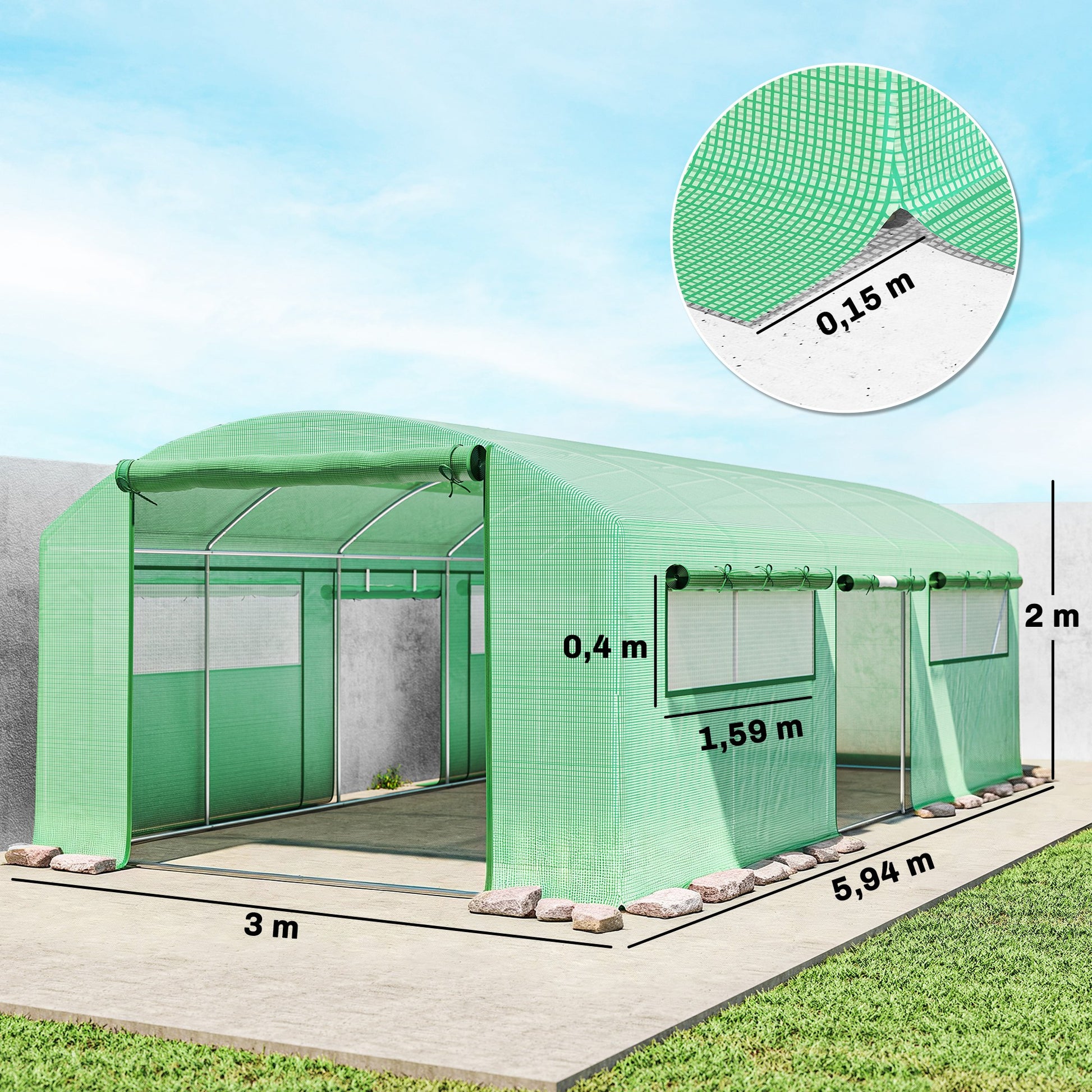 Outsunny Invernadero de Exterior 6x3x2 m, Invernadero de Túnel con 3 Puertas Enrollables, Ventanas de Malla, Cubierta PE 140g/m² Anti-UV y Marco de Acero Galvanizado, para Cultivos, Plantas, Verde