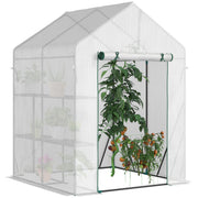 Outsunny Invernadero de Exterior Invernadero Pequeño con 4 Estantes Puerta Enrollable con Cremallera y Marco de Acero Invernadero para Cultivos Plantas Flores 143x143x195 cm Blanco