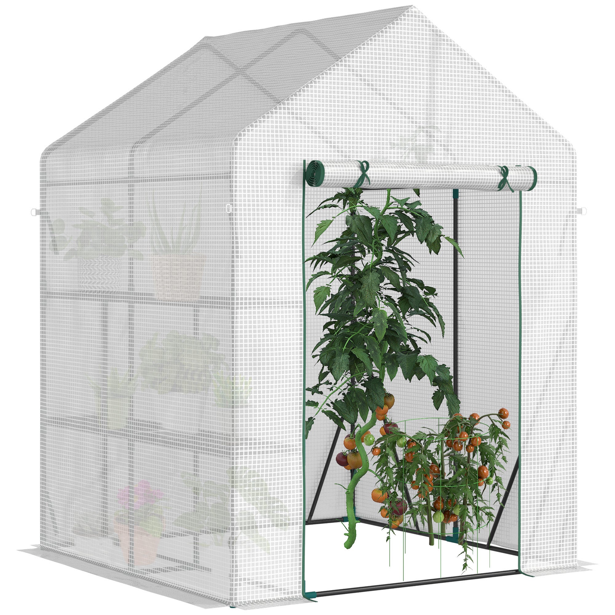 Outsunny Invernadero de Exterior Invernadero Pequeño con 4 Estantes Puerta Enrollable con Cremallera y Marco de Acero Invernadero para Cultivos Plantas Flores 143x143x195 cm Blanco