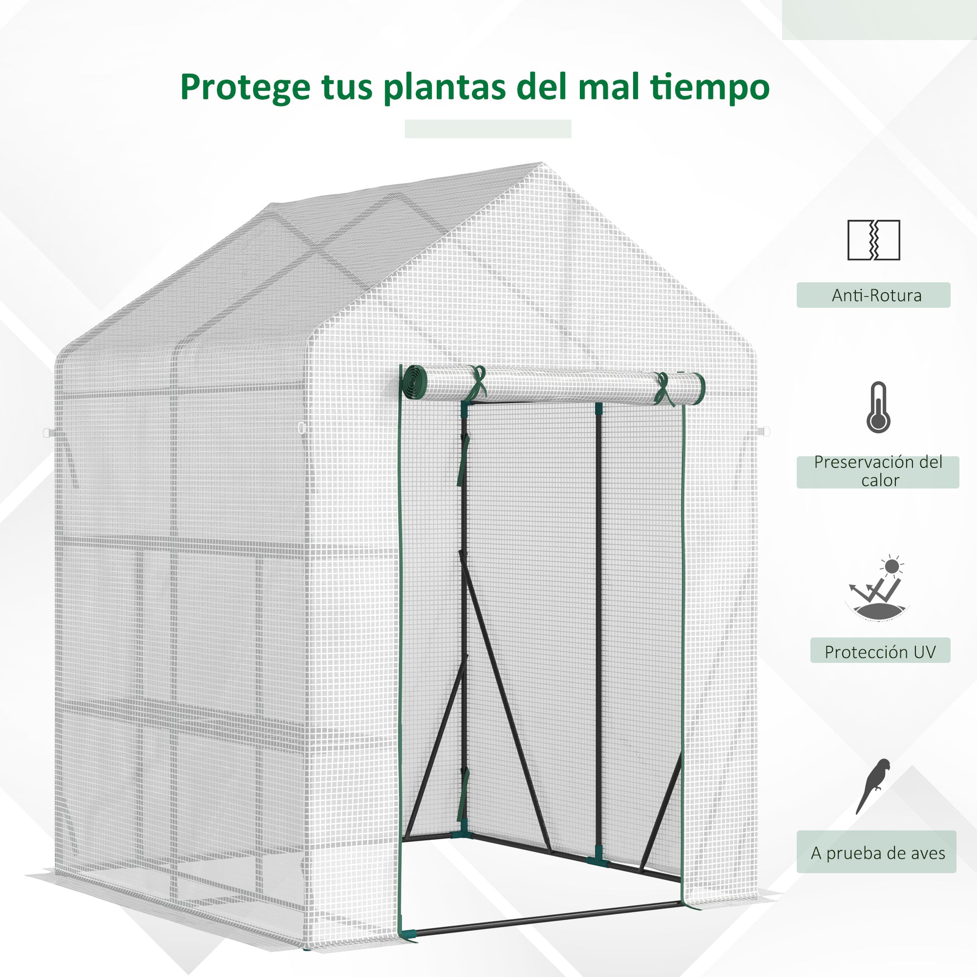 Outsunny Invernadero de Exterior Invernadero Pequeño con 4 Estantes Puerta Enrollable con Cremallera y Marco de Acero Invernadero para Cultivos Plantas Flores 143x143x195 cm Blanco