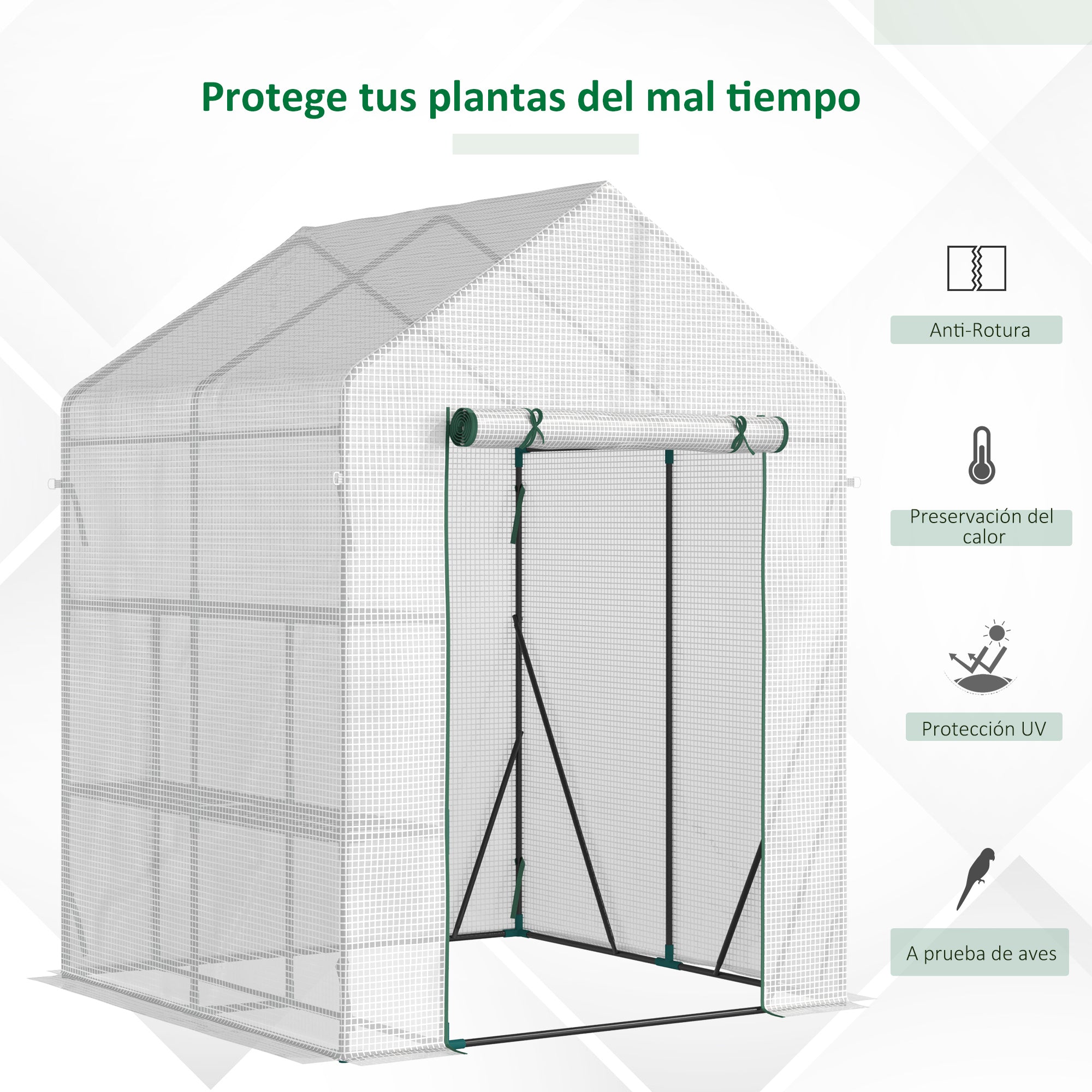 Outsunny Invernadero de Exterior Invernadero Pequeño con 4 Estantes Puerta Enrollable con Cremallera y Marco de Acero Invernadero para Cultivos Plantas Flores 143x143x195 cm Blanco
