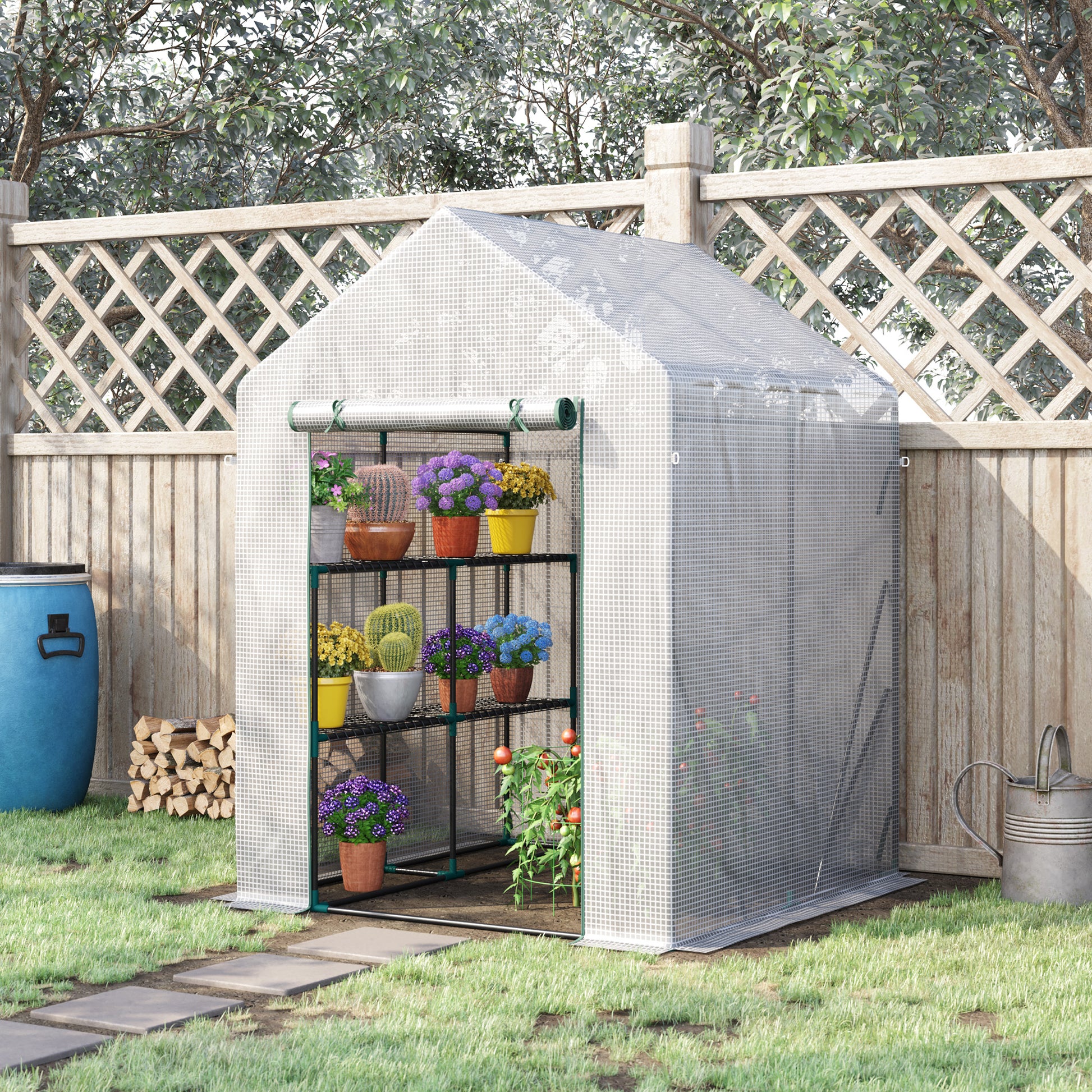 Outsunny Invernadero de Exterior Invernadero Pequeño con 4 Estantes Puerta Enrollable con Cremallera y Marco de Acero Invernadero para Cultivos Plantas Flores 143x143x195 cm Blanco