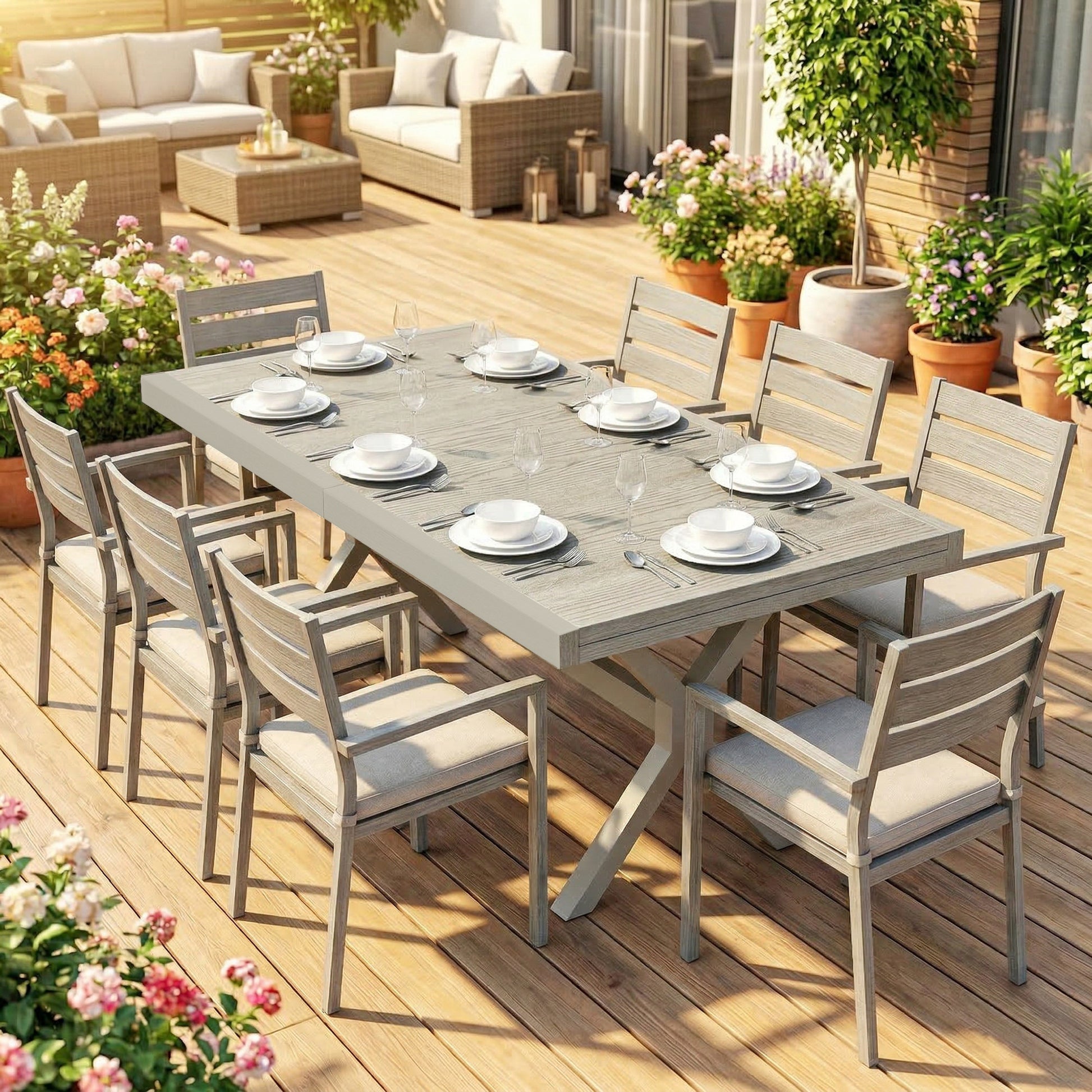 Outsunny Mesa de Jardín Extensible con Superficie de Aluminio, 154/214x85 cm, Mesa de Comedor Exterior Extensible Rectangular con Imitación Madera para 8-10 Personas, para Patio, Terraza, Gris Claro