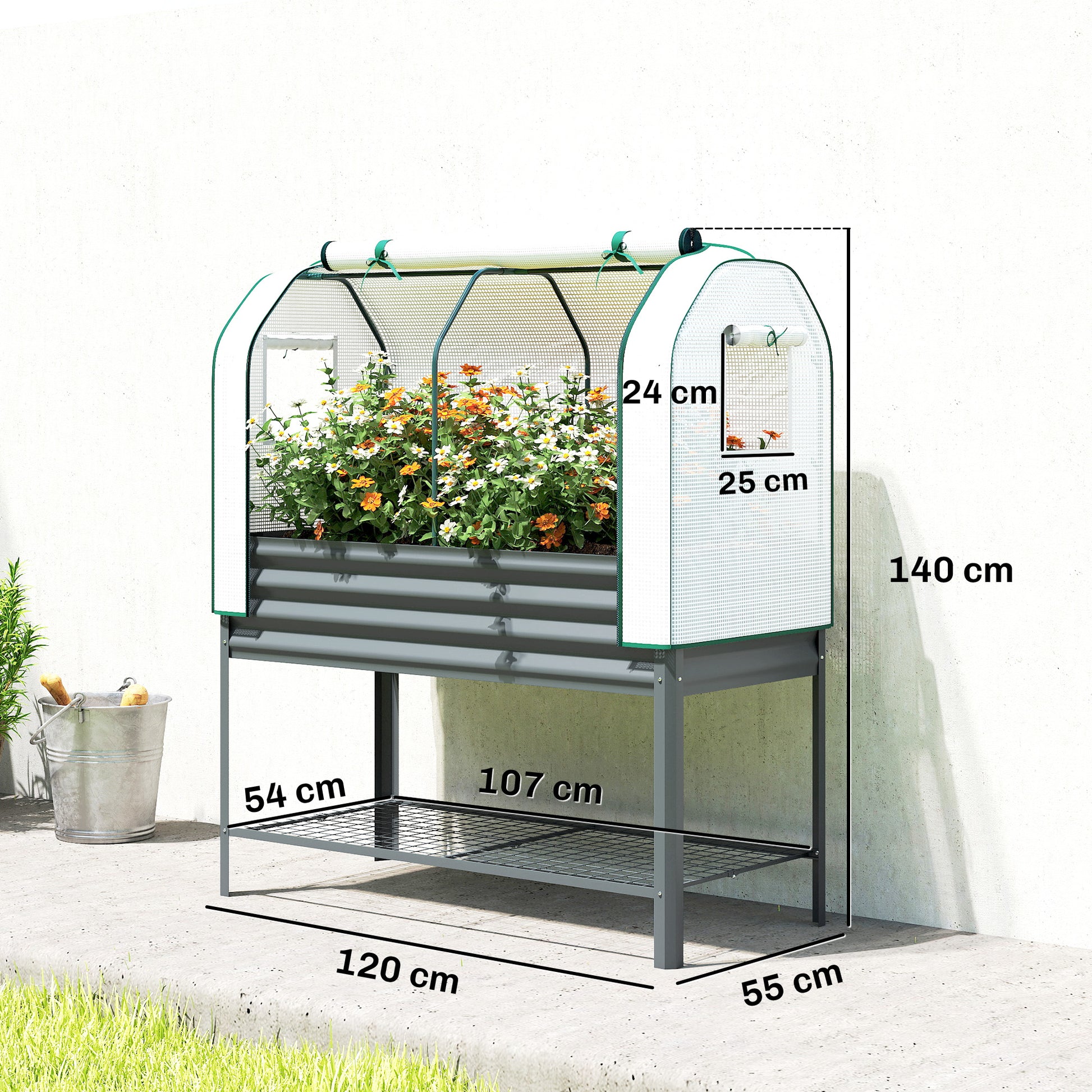 Outsunny Huerto Urbano Elevado con Cubierta de Invernadero de 140 g/m² PE, Mesa de Cultivo de Metal Galvanizado con Estante Inferior y Forro para Cultivo, Plantas y Flores, 120x55x140 cm, Gris Oscuro