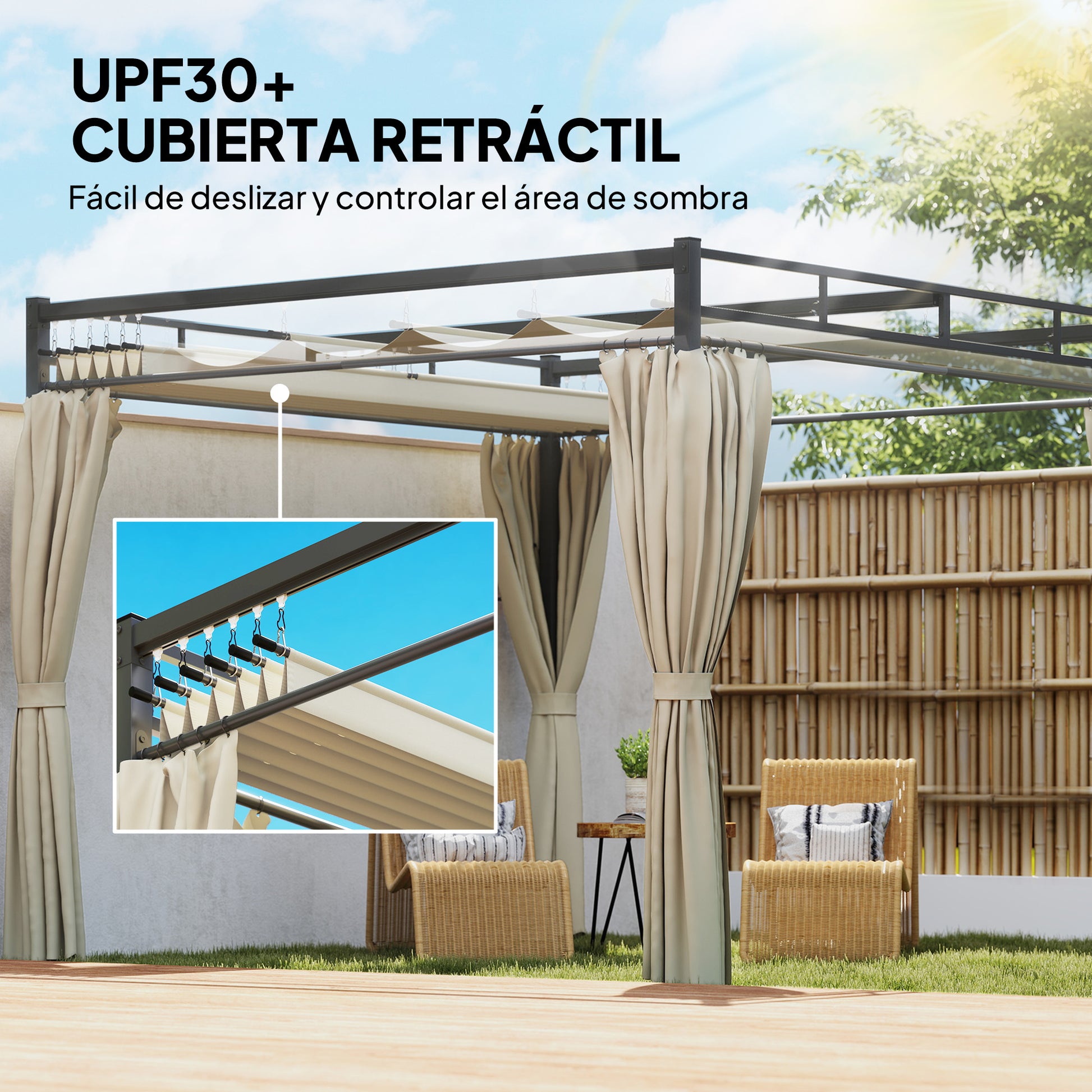 Outsunny Pérgola de Jardín 3x3 m con Techo Retráctil y 4 Cortinas, Cenador de Jardín con Protección UV30+, Impermeable, Estructura Metálica, Pabellón para Patio, Terraza, Exterior, Beige