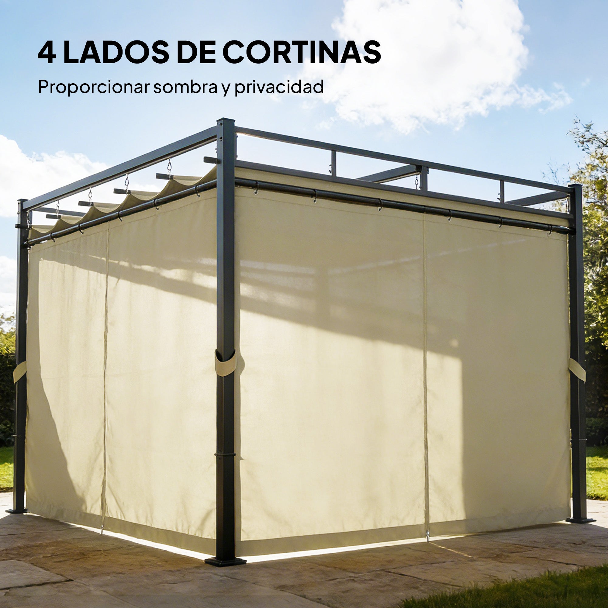 Outsunny Pérgola de Jardín 3x3 m con Techo Retráctil y 4 Cortinas, Cenador de Jardín con Protección UV30+, Impermeable, Estructura Metálica, Pabellón para Patio, Terraza, Exterior, Beige