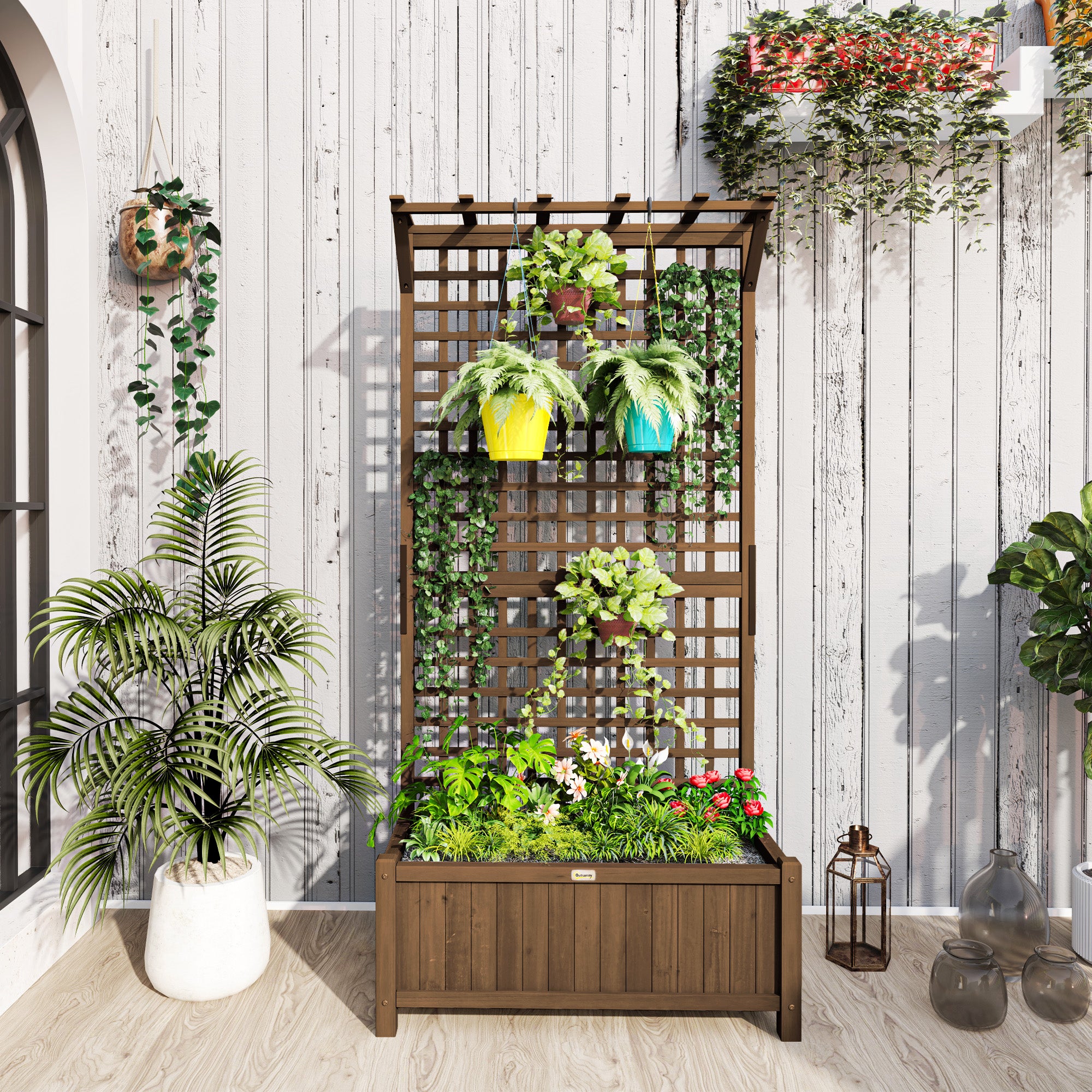 Outsunny Jardinera con Enrejado de Madera Macetero de Jardín con Soporte para Trepadora Cultivo de Plantas Flores Jardinera con Celosía para Exterior Patio Terraza 90x45x183 cm Marrón