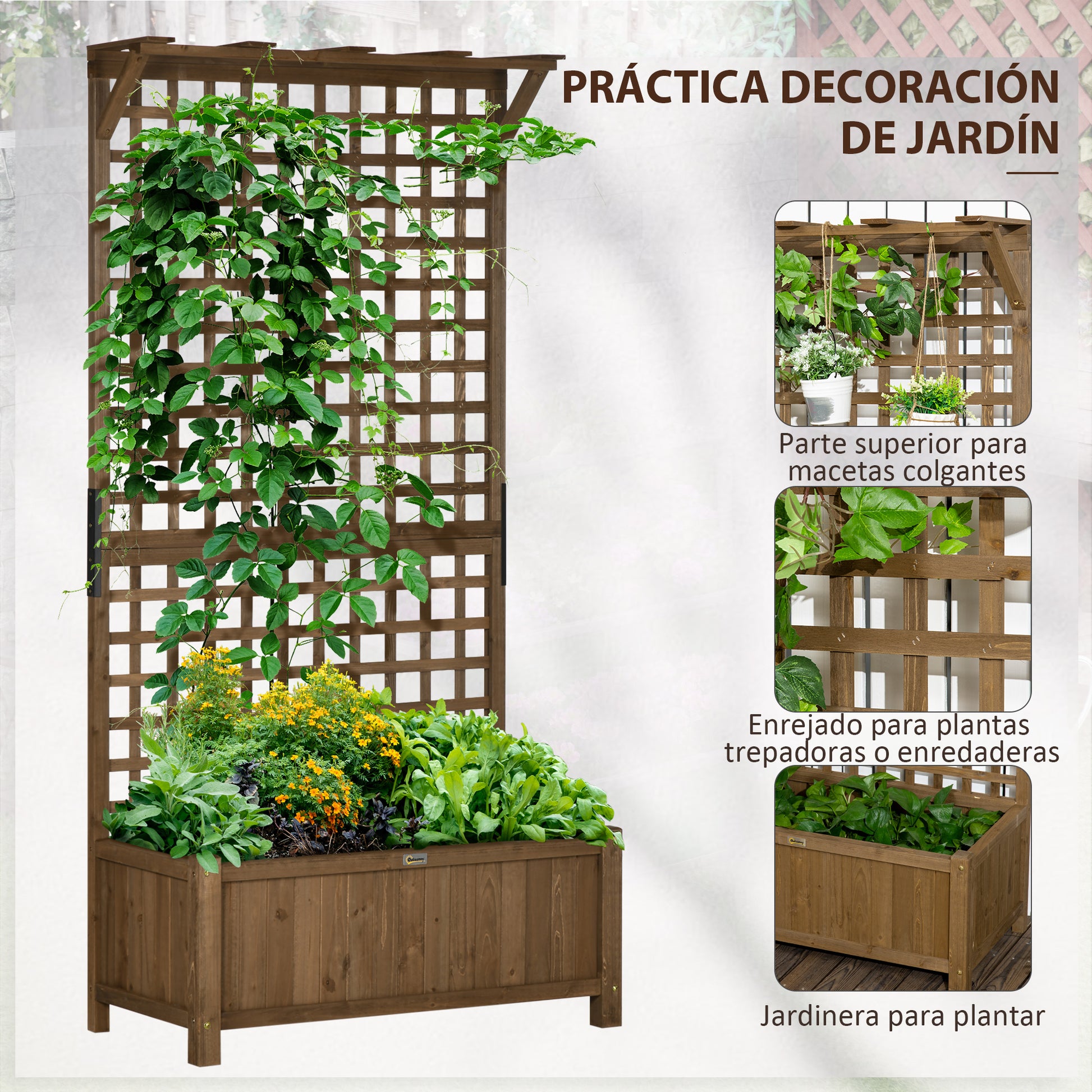 Outsunny Jardinera con Enrejado de Madera Macetero de Jardín con Soporte para Trepadora Cultivo de Plantas Flores Jardinera con Celosía para Exterior Patio Terraza 90x45x183 cm Marrón