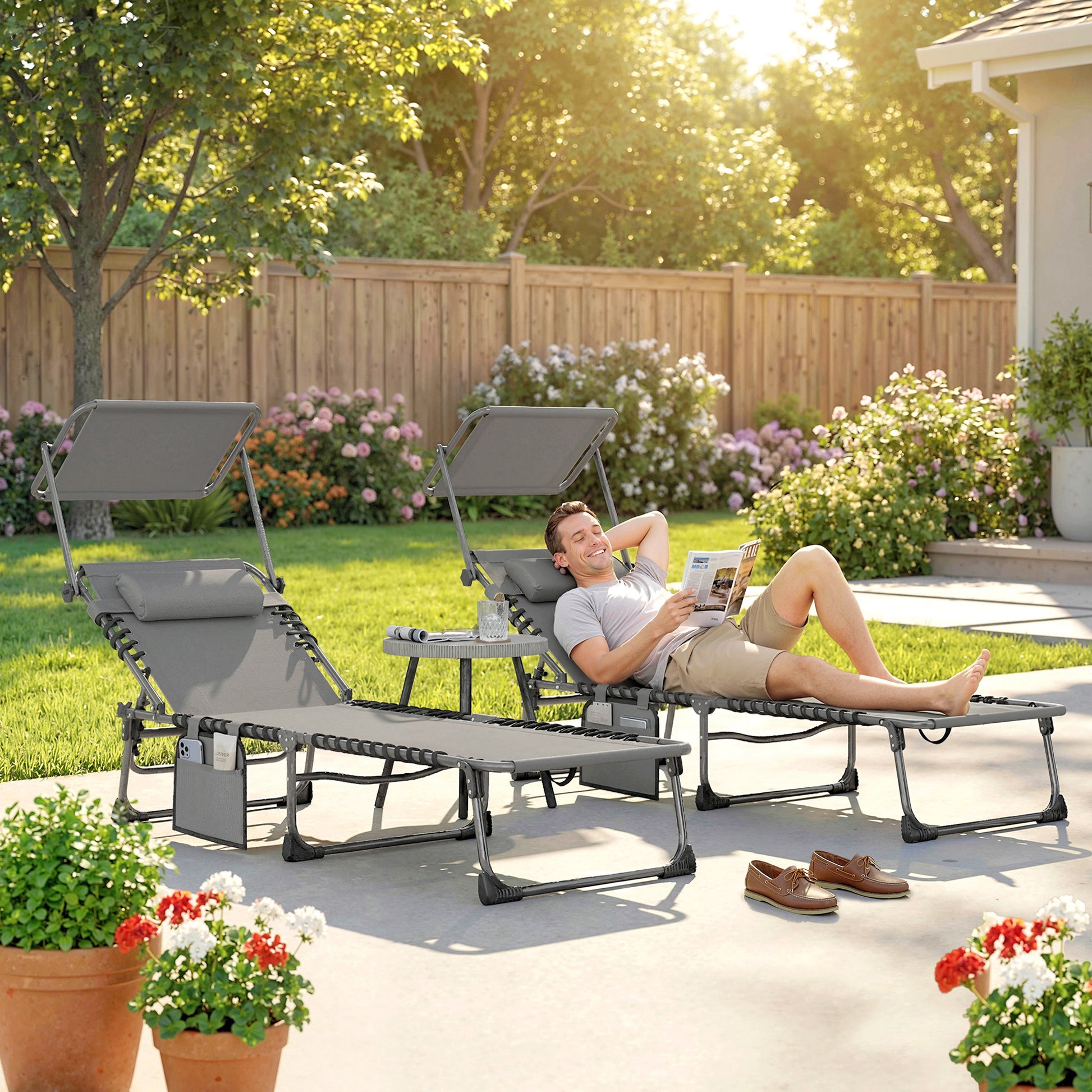 Outsunny Set de 2 Tumbonas Jardín Exterior, Tumbonas Plegables con Reposacabezas, Parasol y Bolsillo Lateral, Respaldo Reclinable 5 Posiciones y Asiento Malla Transpirable para Playa, Piscina, Gris