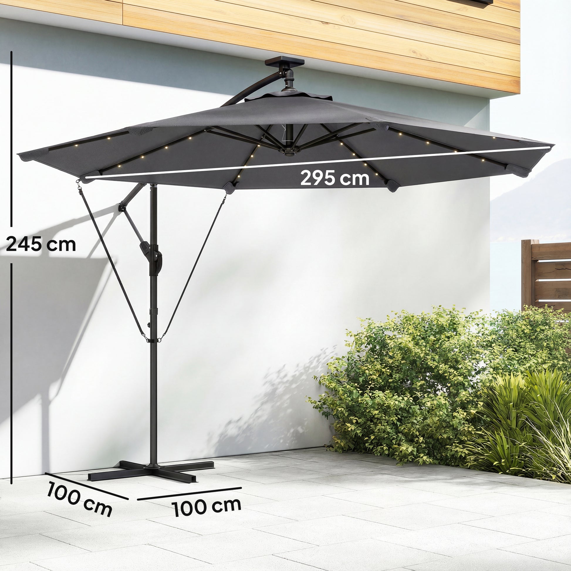 Outsunny Parasol Excéntrico con Luces LED Solares, Ø330 cm, Sombrilla de Jardín con Base Cruzada, Manivela, Funda Protectora y Cuerda de Viento, Anti-UV 50+, para Terraza, Patio, Gris Oscuro
